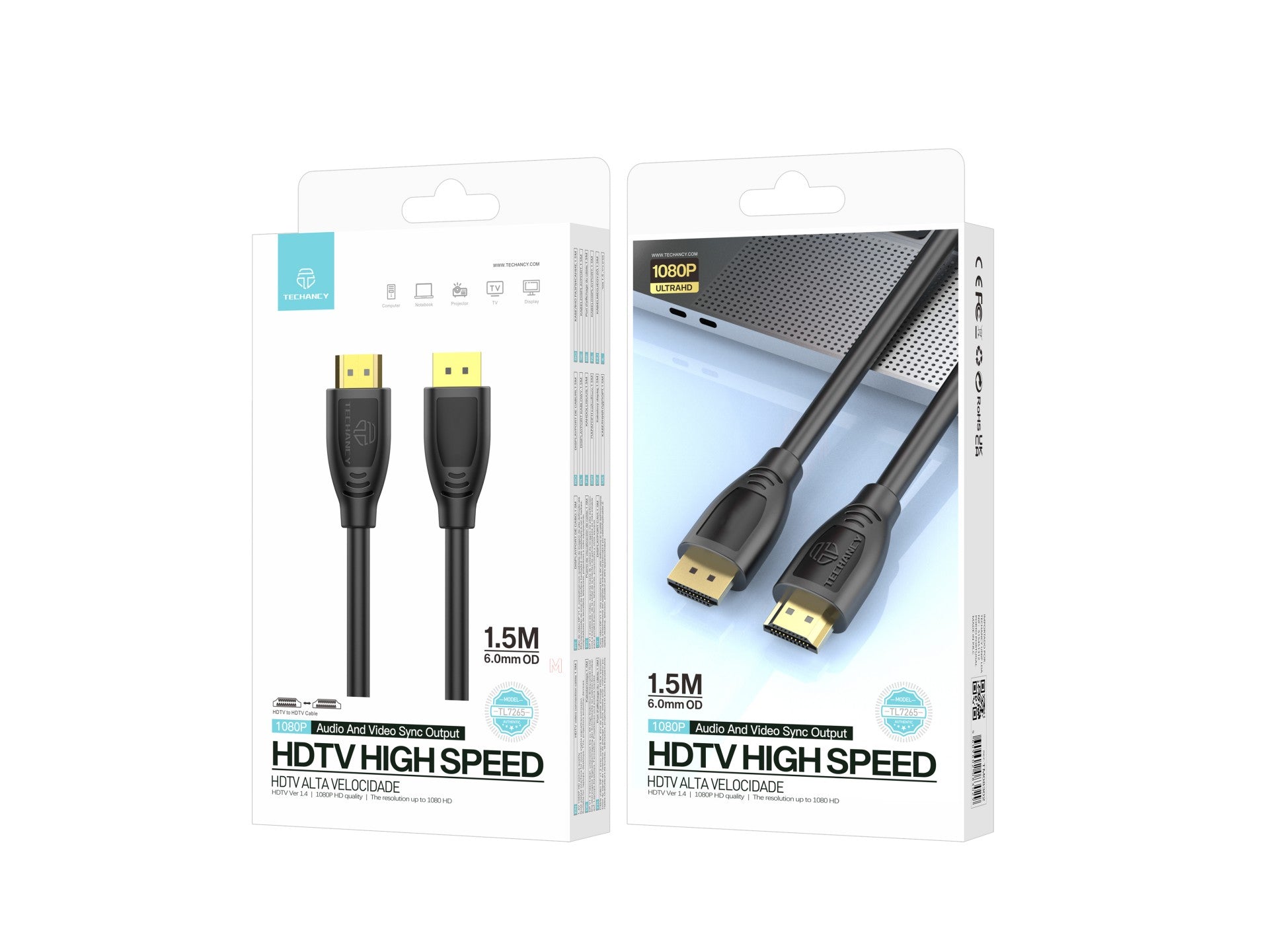 Techancy High Speed HDTV Cable TL7265, 1.5m, 1080p HD Screen for Televisions, Computers, Projectors and Consoles