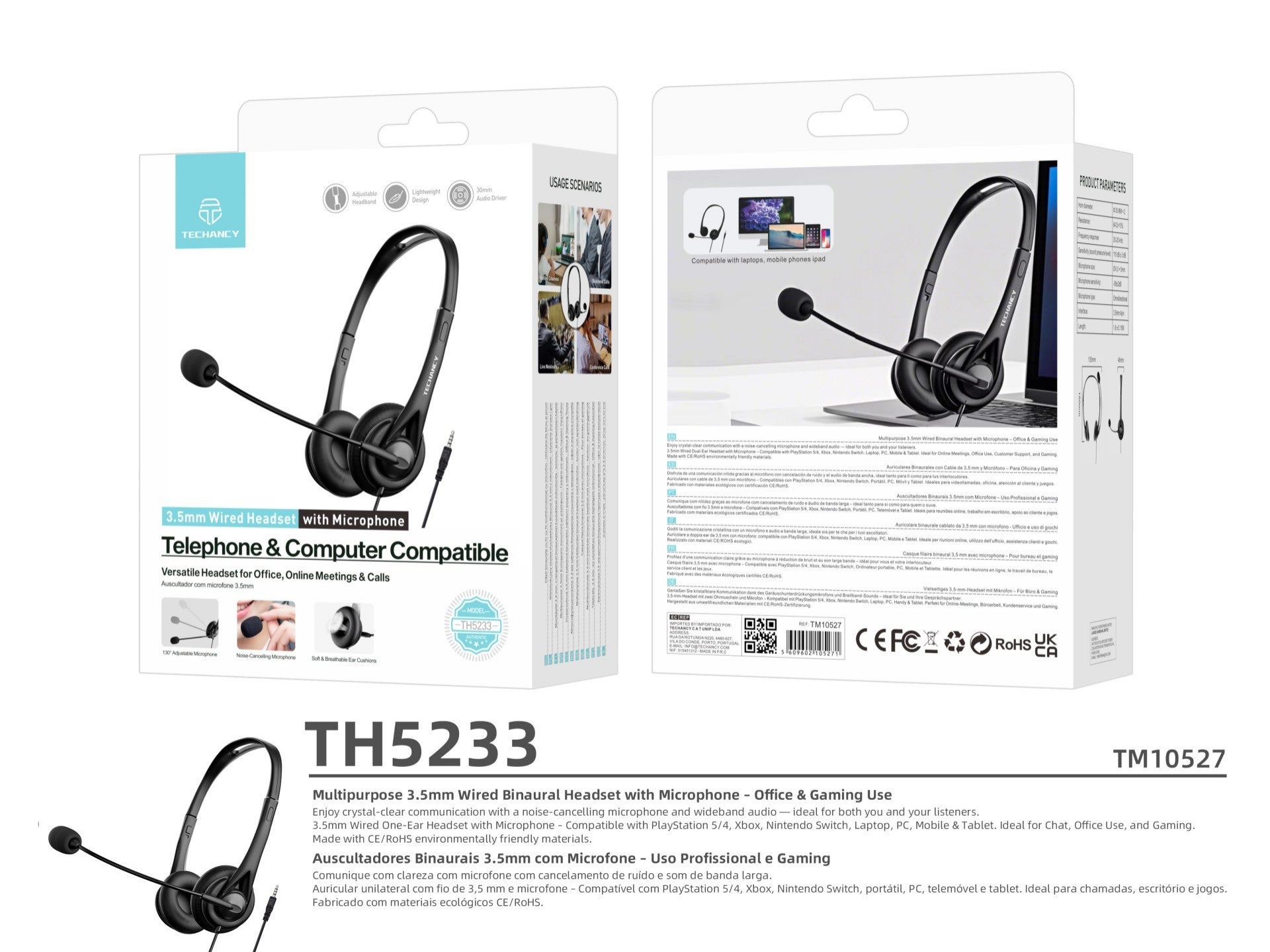 Techancy TH5233 Wired 3.5mm Binaural Headset with Noise-Cancelling Microphone for Call Centers, Offices, Meetings, and Gaming. Compatible with PC, Mobile Phones, and Consoles.