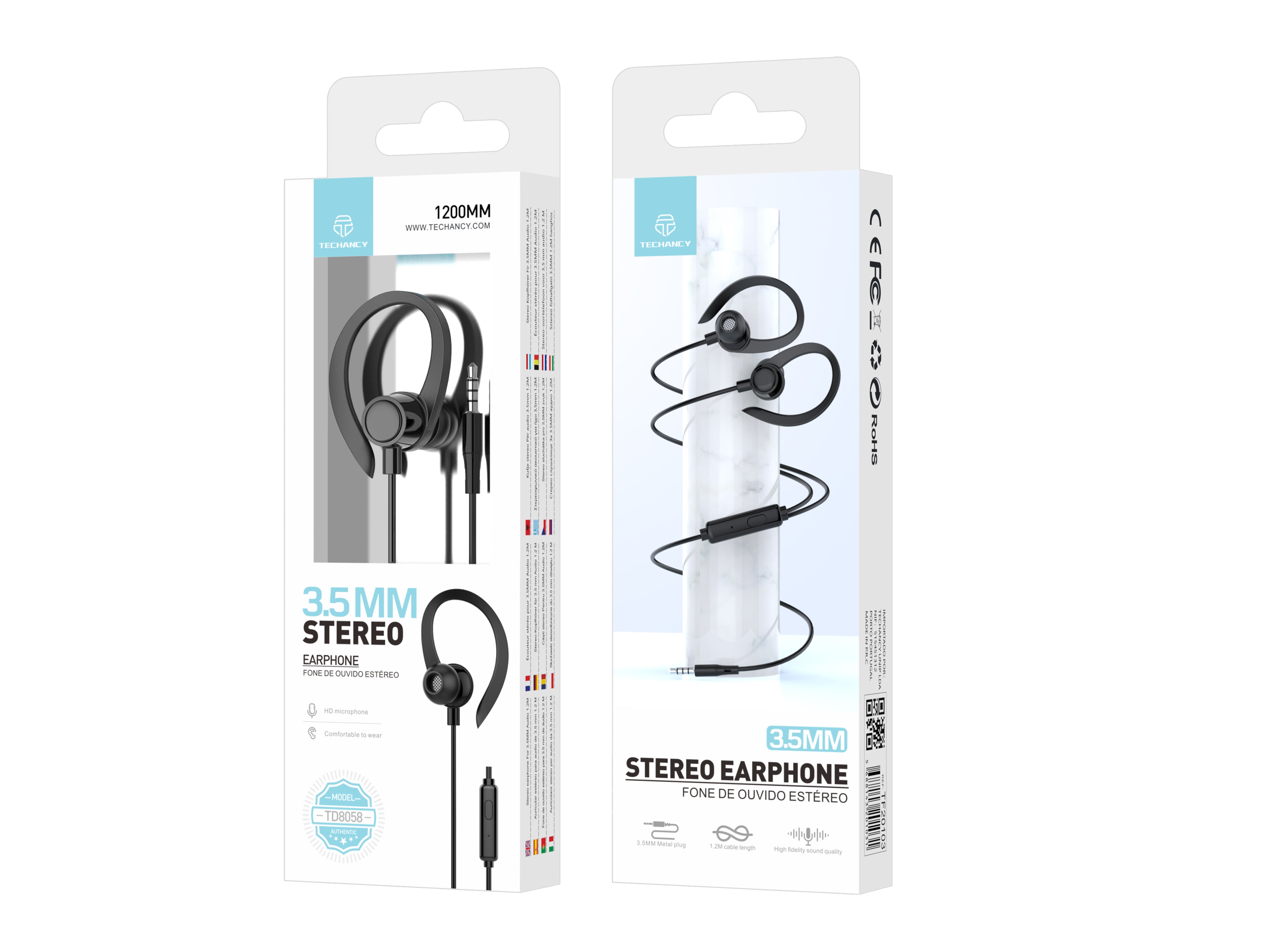 Auriculares estéreo Techancy TD8058 de 3,5 mm, cable de 1,2 m con micrófono, sonido de alta fidelidad y comodidad, color negro