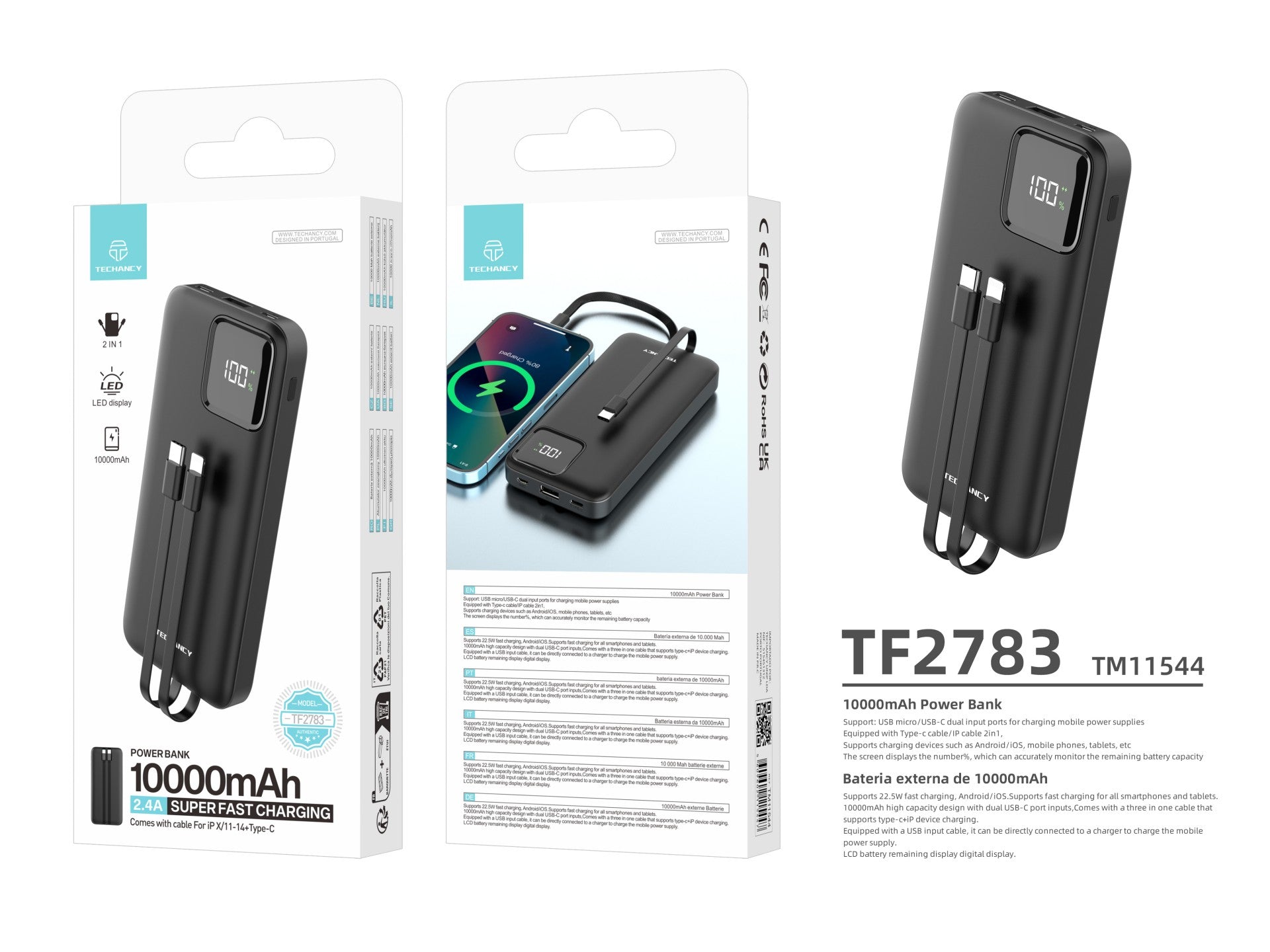 Techancy Mobile Power 10000mah 2.4a Charging TF2783, Cabo De Carregamento 2 Em 1 Usb C+Ip, Ecrã Digital De Energia, Preto