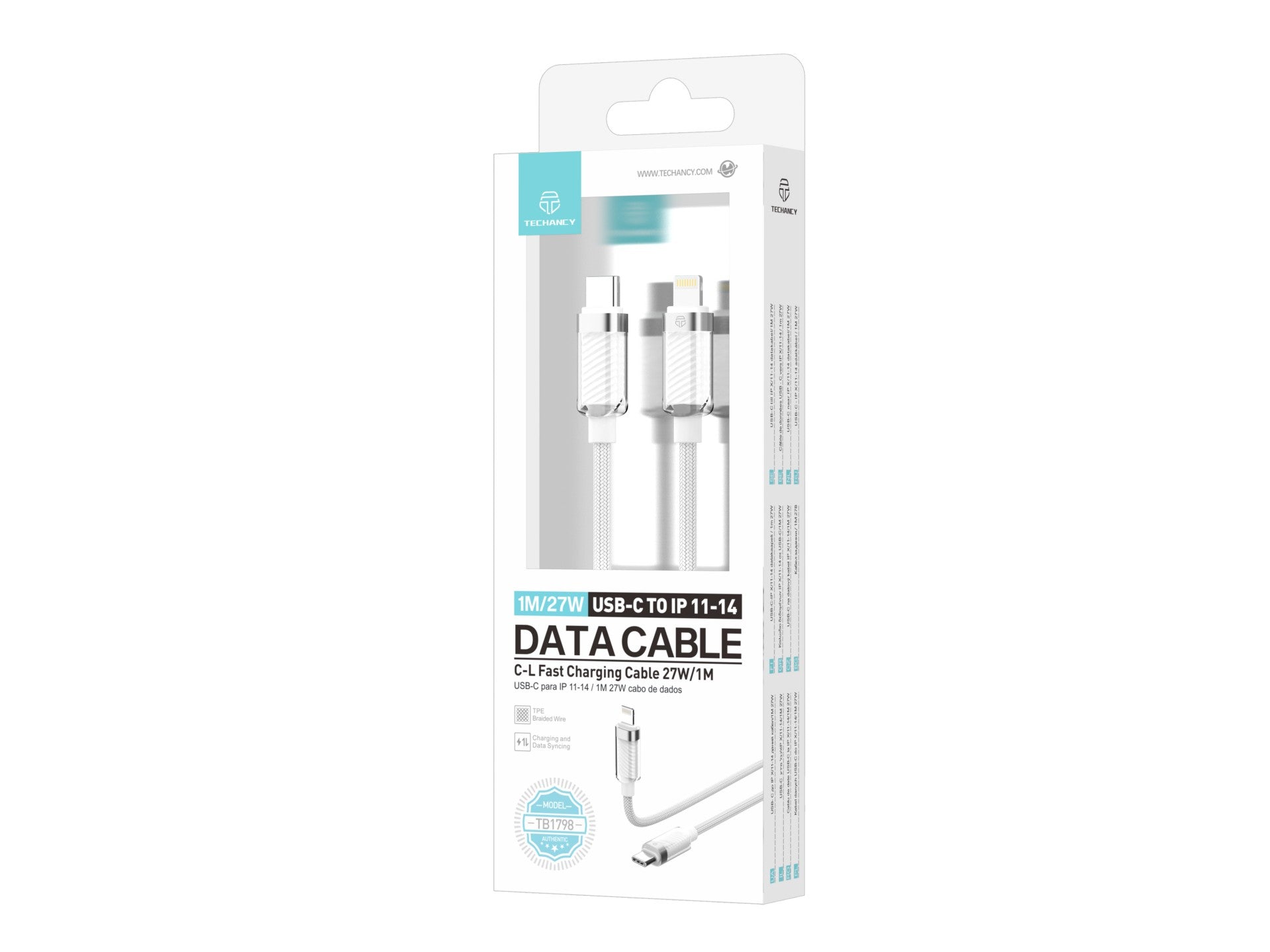 Techancy Cabo Usb-C Para Ip 11-14 Cabo De Dados 1m/27w Branco TB1798, Compatível Com Iphone/Ipad Carregamento Rápido E Dados