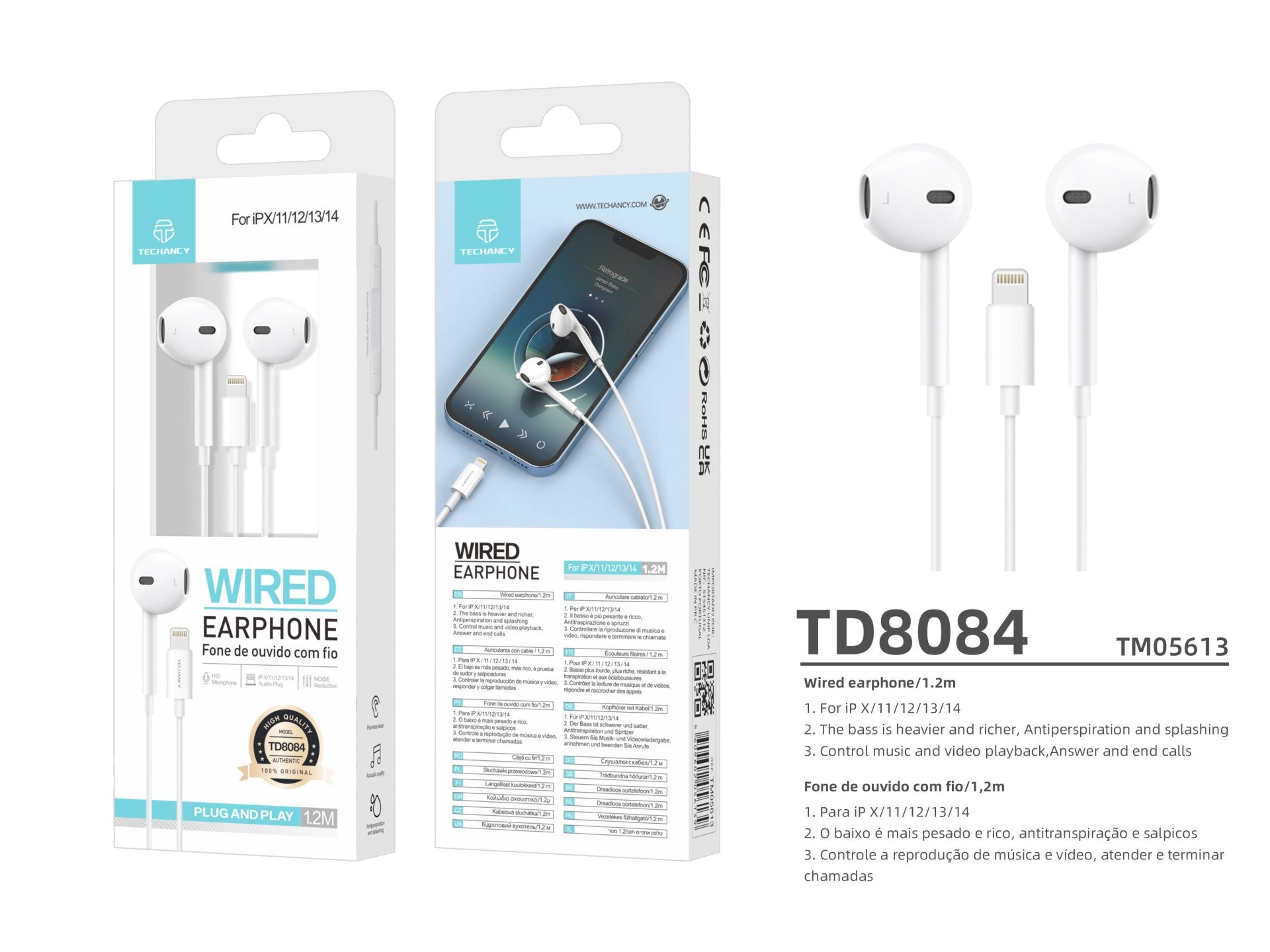 Auriculares con cable Techancy TD8084, Plug and Play, compatibles con IP8/X/11-14, 1,2 metros, estéreo, llamadas de voz