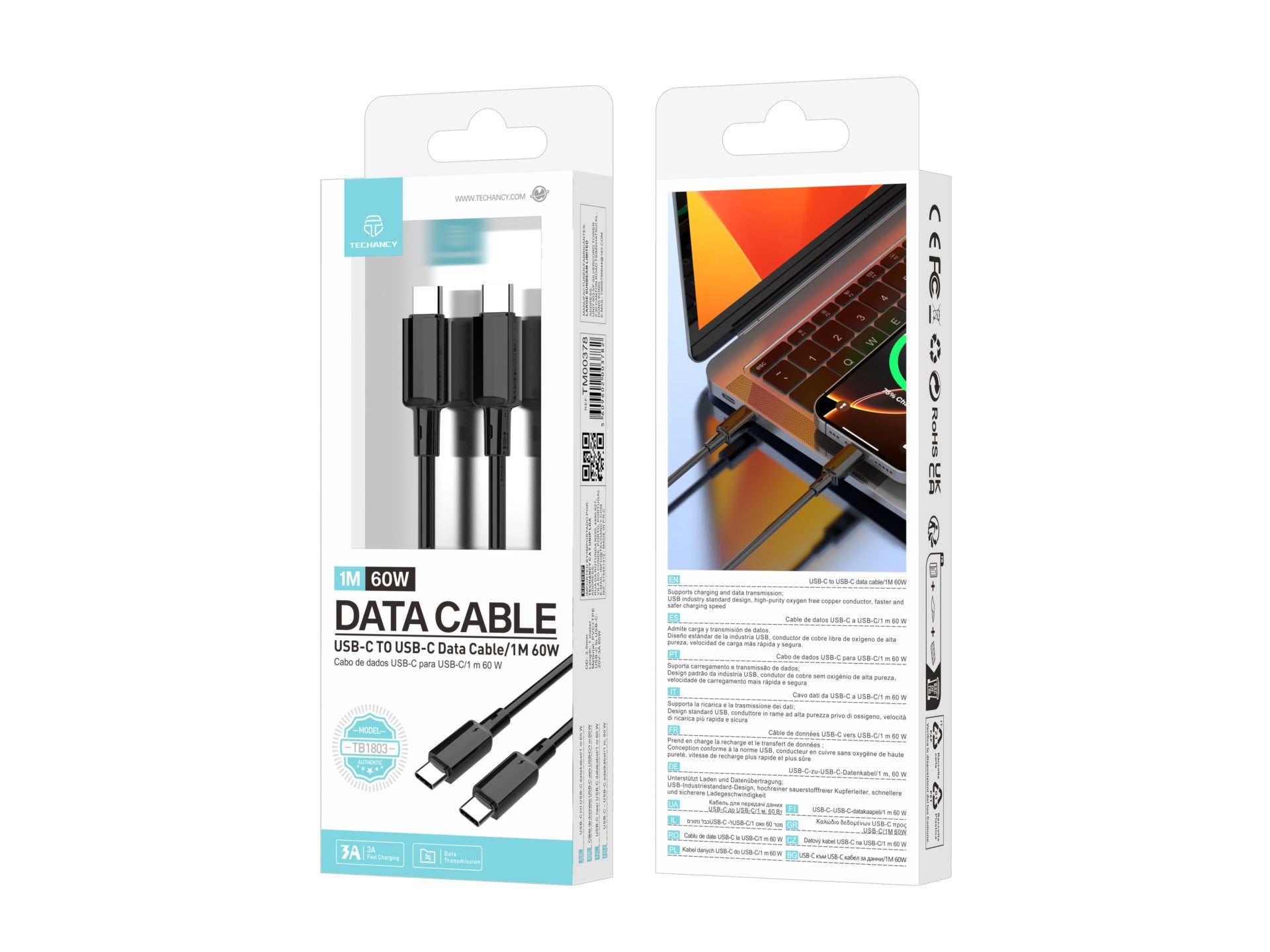 Techancy Cabo USB C para USB C TB1803 1m 60W Carregamento rapido e dados para Telemovel Tablet Portatil Preto