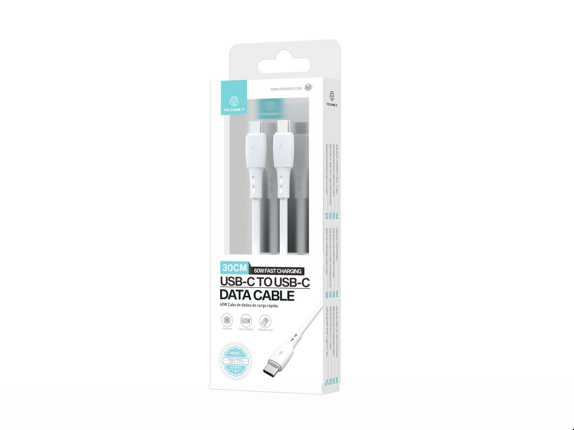 Techancy USB C to USB C Data Cable White TB1778, PD60W Charging, 30cm Suitable for Use with Power Bank