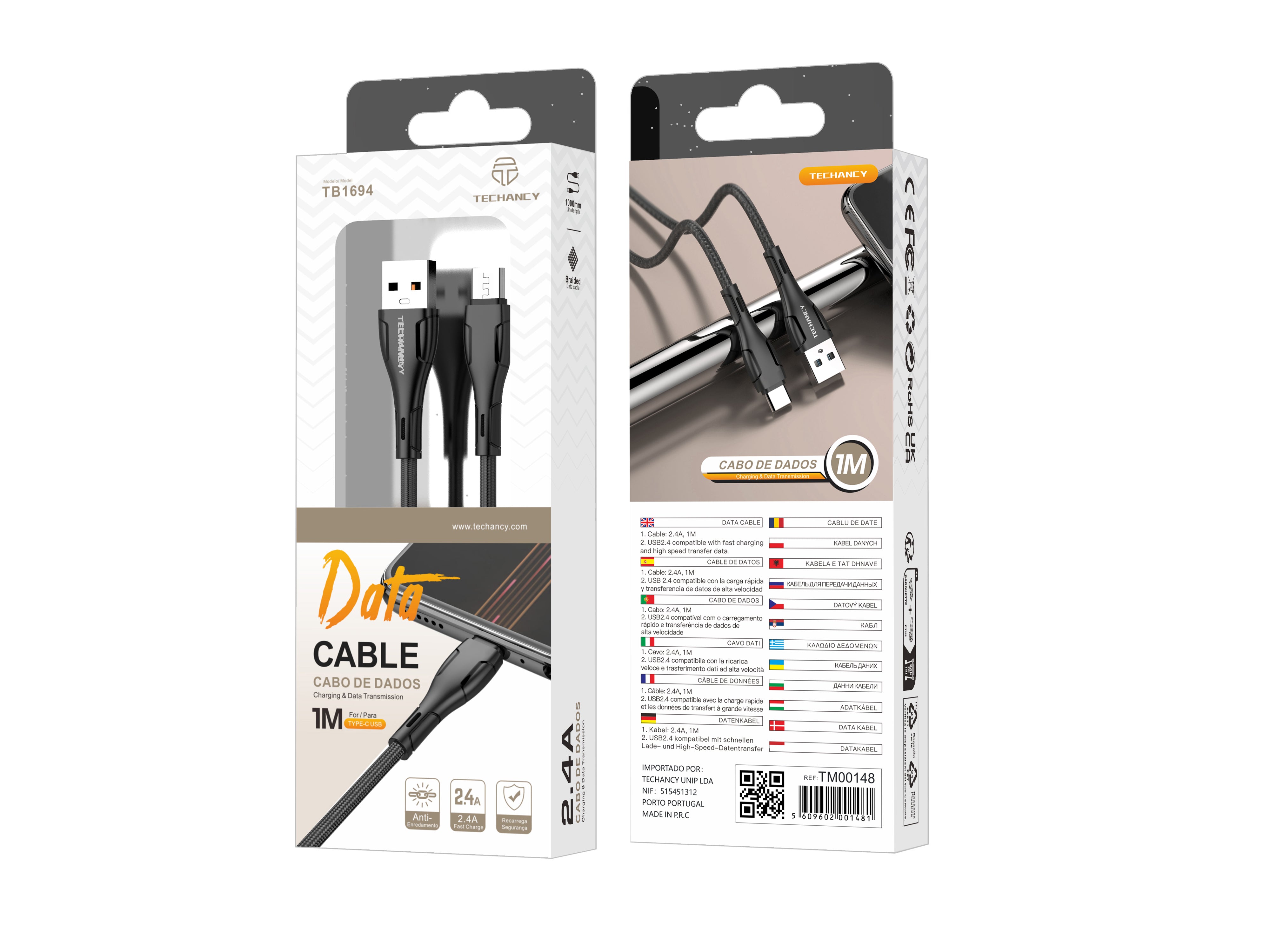 Techancy Cabo De Dados Trançado Usb-Tipo-C Preto TB1694, Carregamento De 2,4 A, Transferência De Dados Compatível