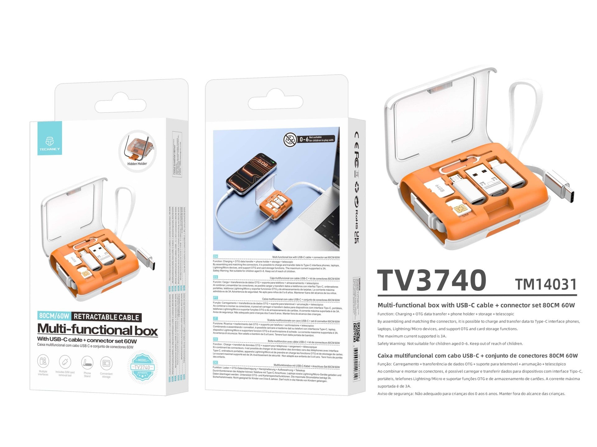 Techancy Caixa Multifuncional TV3740 Cabo USB-C Retratil 80CM 60W Conjunto de Adaptadores Carregamento e Dados Laranja