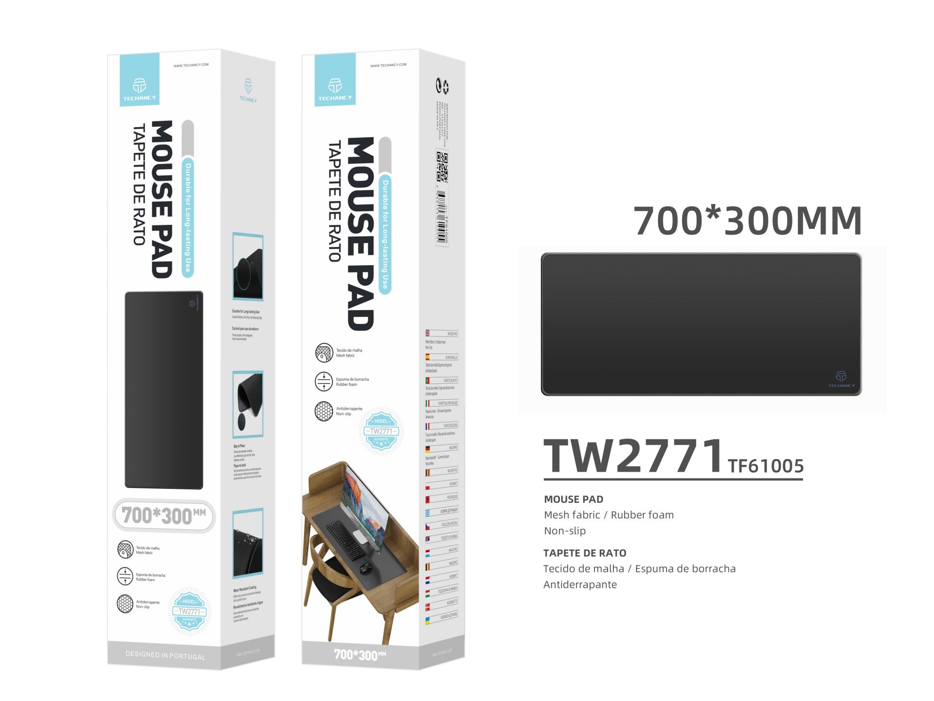 Tapete para rato Techancy 30 x 70 cm, TW2771, borracha antiderrapante, adequado para jogos de PC, preto