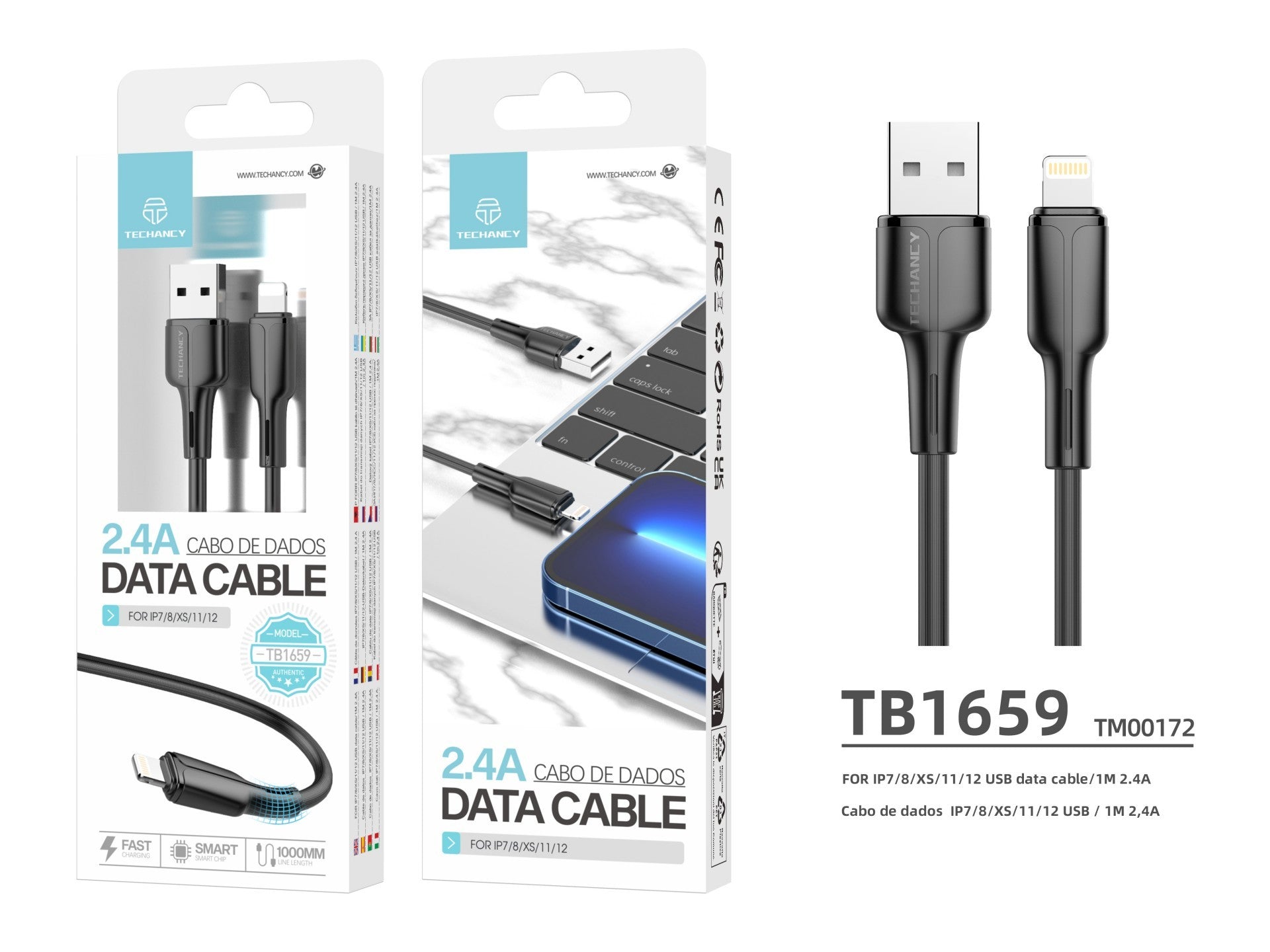 Techancy Cabo De Dados Usb-Lightning Preto 1m TB1659, Carregamento Rápido 2.4a, Suporta Transferência De Dados, Material Pvc