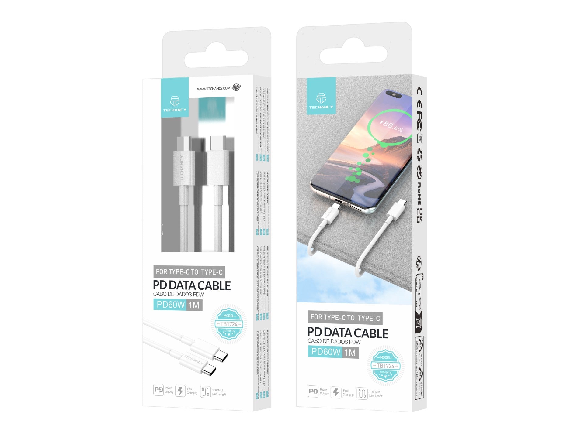 Techancy USB-C to USB-C Fast Charging Cable TB1724, 1 M White, Supports 60 W and PD Fast Charging Data