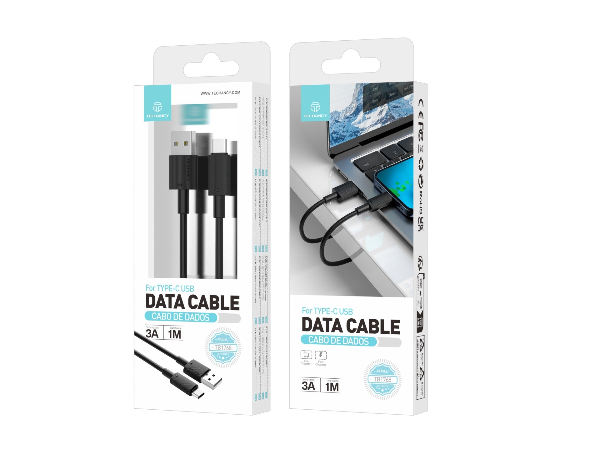 Techancy Cabo De Dados Usb Tipo C Preto TB1768, Comprimento 1m Suporta Corrente 3A E Transferência De Dados 480mbps,