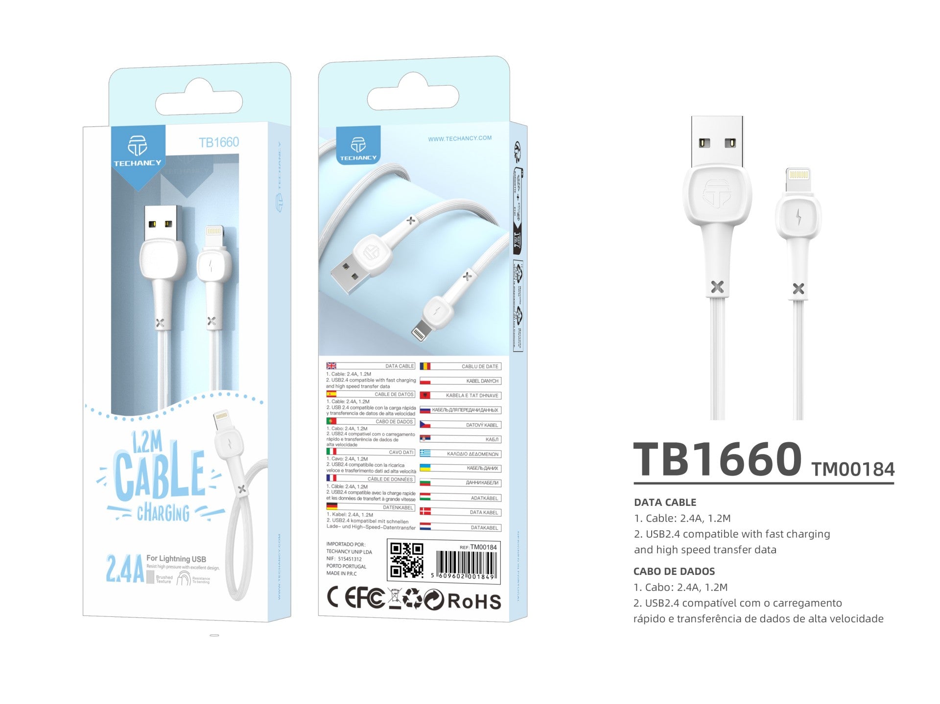 Techancy Cabo De Dados Usb-Lightning Branco TB1660, Carregamento Rápido Macaron 2.4a, Comprimento 1.2m, Compatível Com Iphone/Ipad