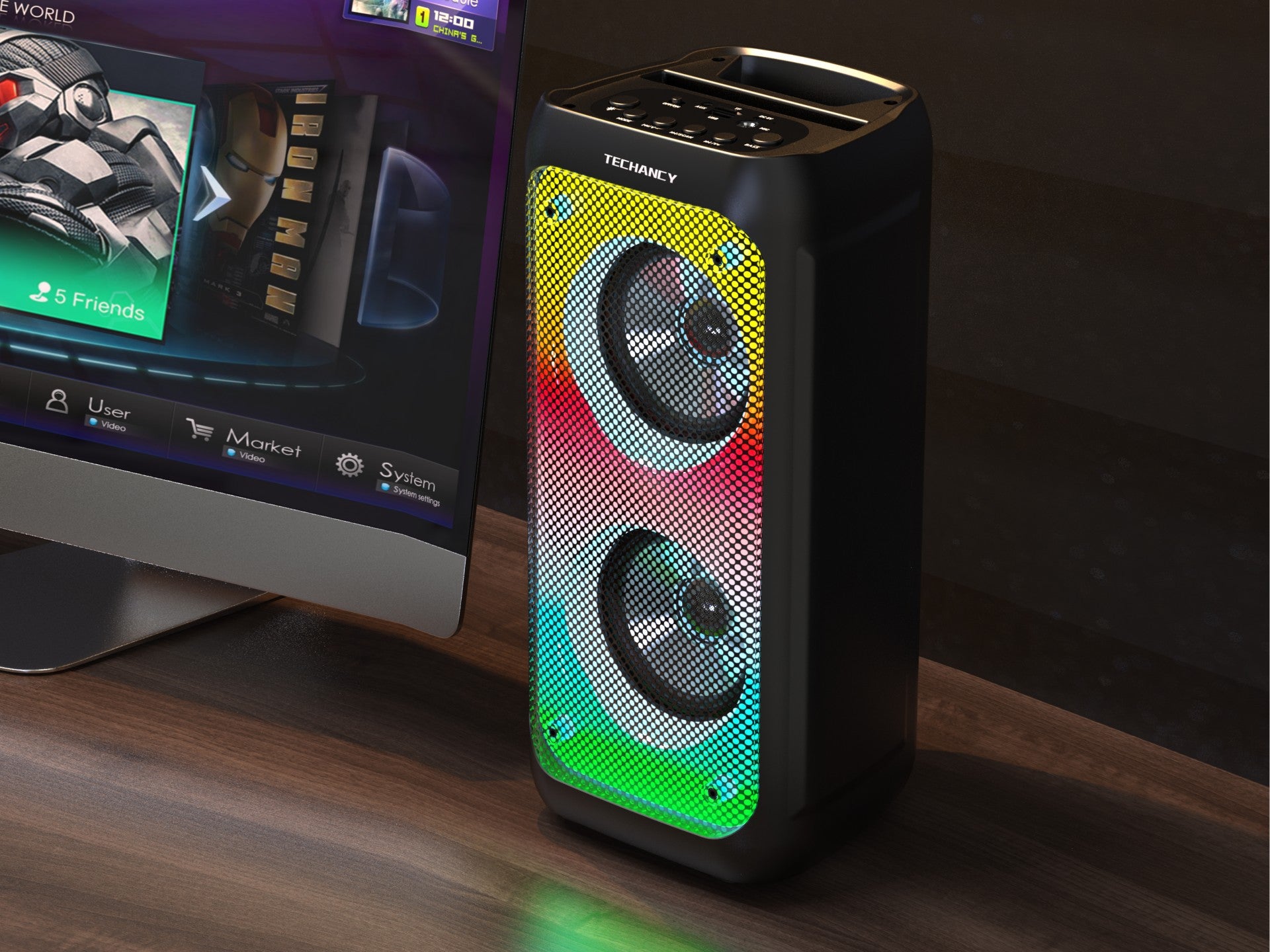 Altavoz Bluetooth inalámbrico Techancy TH2637, altavoz de 2 x 4 pulgadas, sonido estéreo TWS, ritmos de luz LED,