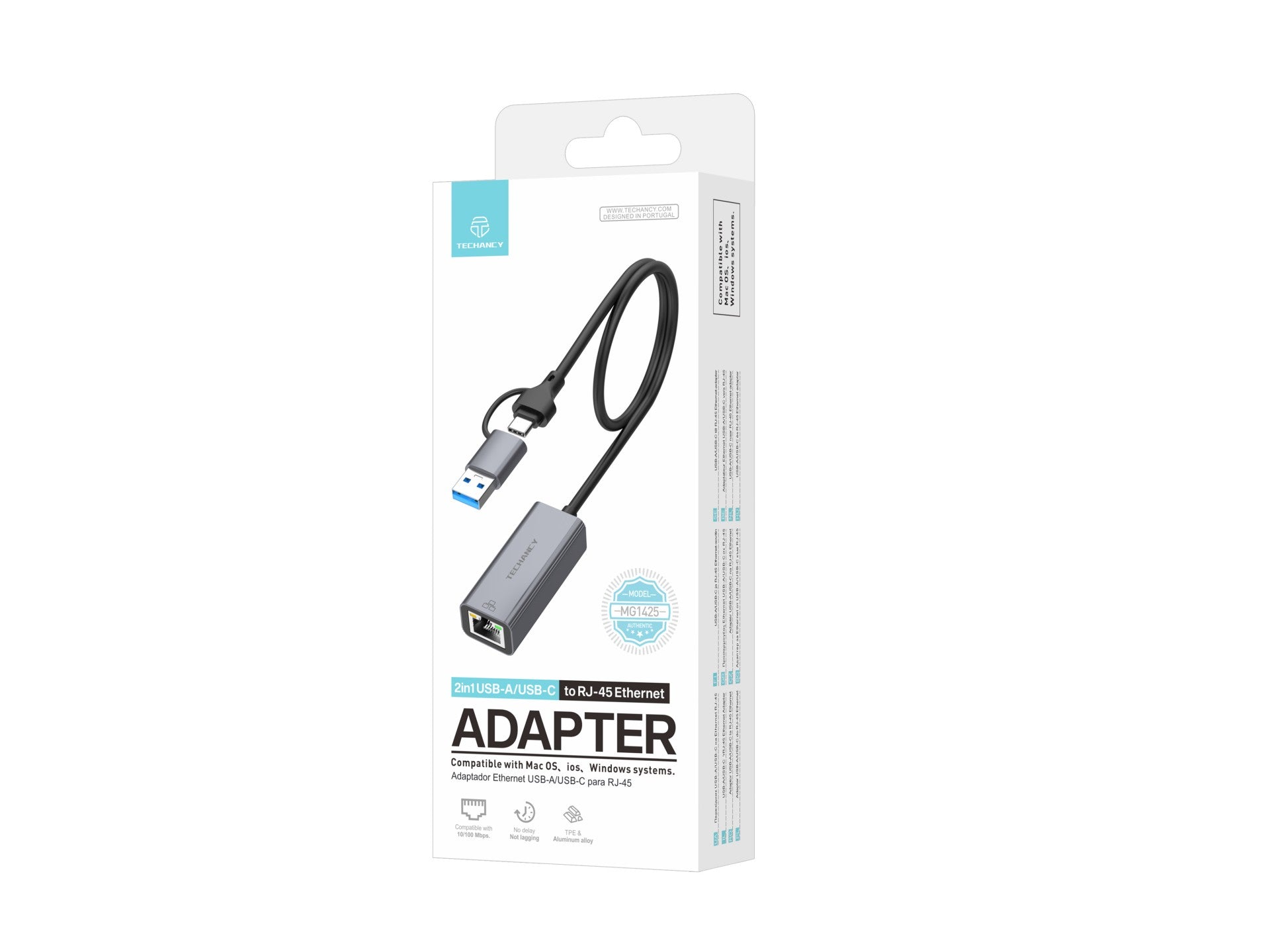 Adaptador Ethernet Techancy USB-A/USB-C a RJ-45 MG1425, compatible con sistemas Mac OS, iOS y Windows, 10/100 Mbps