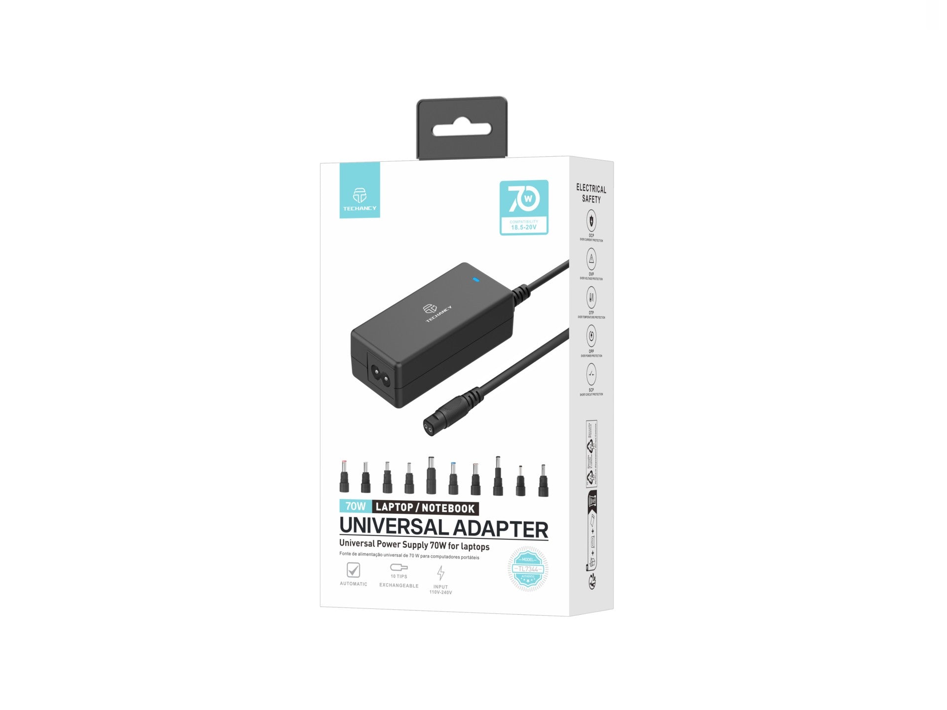 Techancy  Adaptador de energia universal TL7344 para laptops, com potência de 70W, 10 conectores e proteções contra sobrecorrente e sobretensão