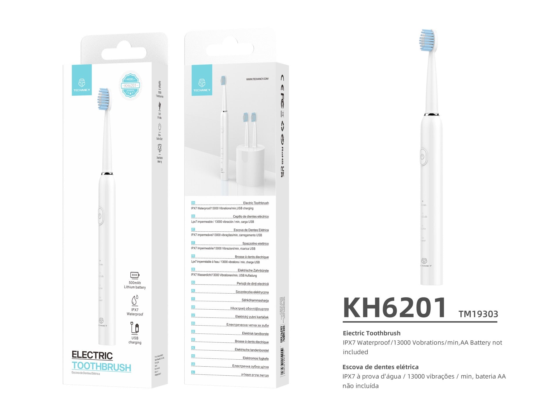 Techancy KH6201 White Electric Toothbrush, IPX7 Waterproof, Replaceable Brush Head, Rechargeable Battery