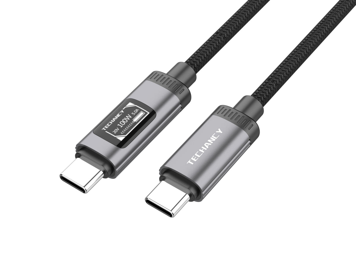 Cabo USB-C para USB-C 100W TECHANCY TB1807, 1 m, Ecra Digital OLED, Nylon Entrancado, Dados 480 Mbps, Preto