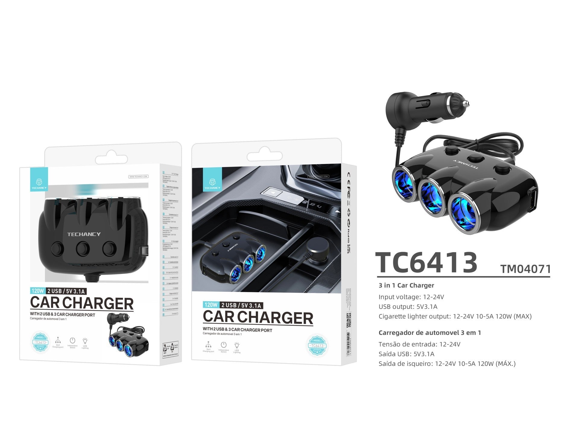 Techancy 3-in-1 Car Charger Black TC6413, 12-24V Input, 10-12A 120W Output, Car Electric Partner
