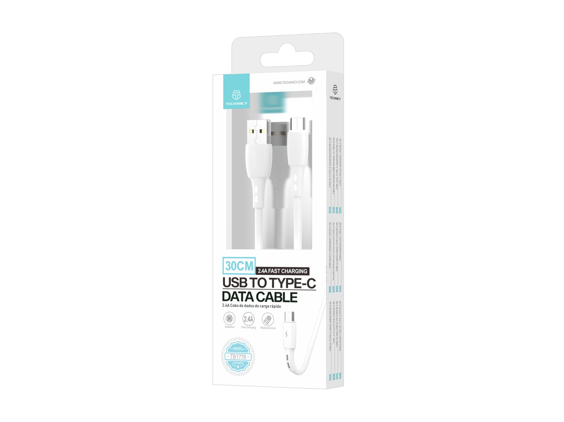 Cable de datos USB tipo C Techancy blanco TB1778, carga de 2,4 A, 30 cm, apto para usar con banco de energía