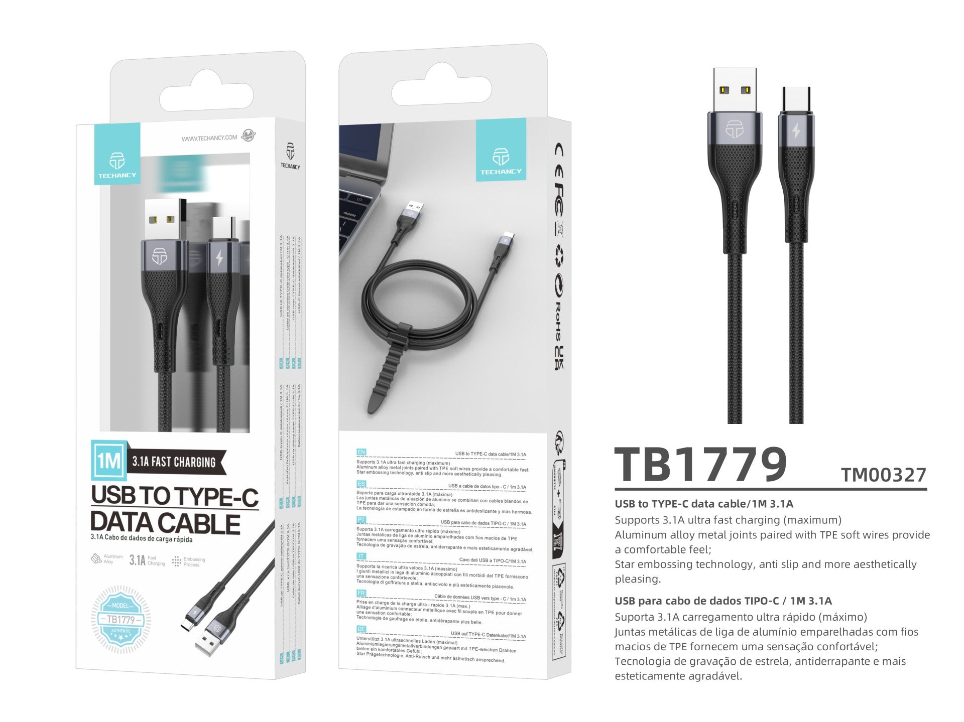 Cabo De Dados Usb Tipo C Preto TB1779, Carregamento Rápido De 3,1 A, Suporta Transferência De Dados De 480 Mbps