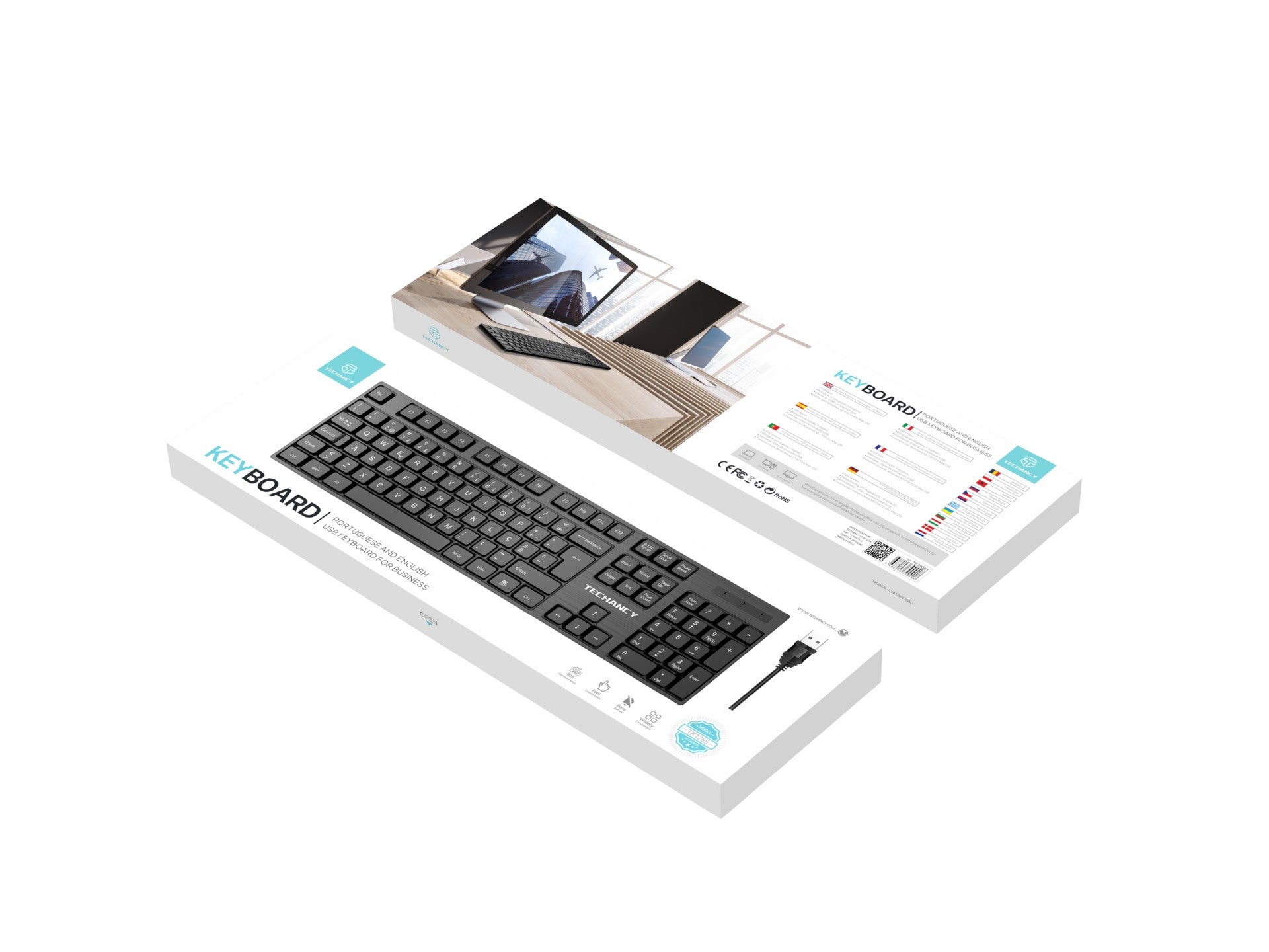 Teclado USB com fio de tamanho normal Techancy, TK1265, teclas de entrada em inglês + português, preto