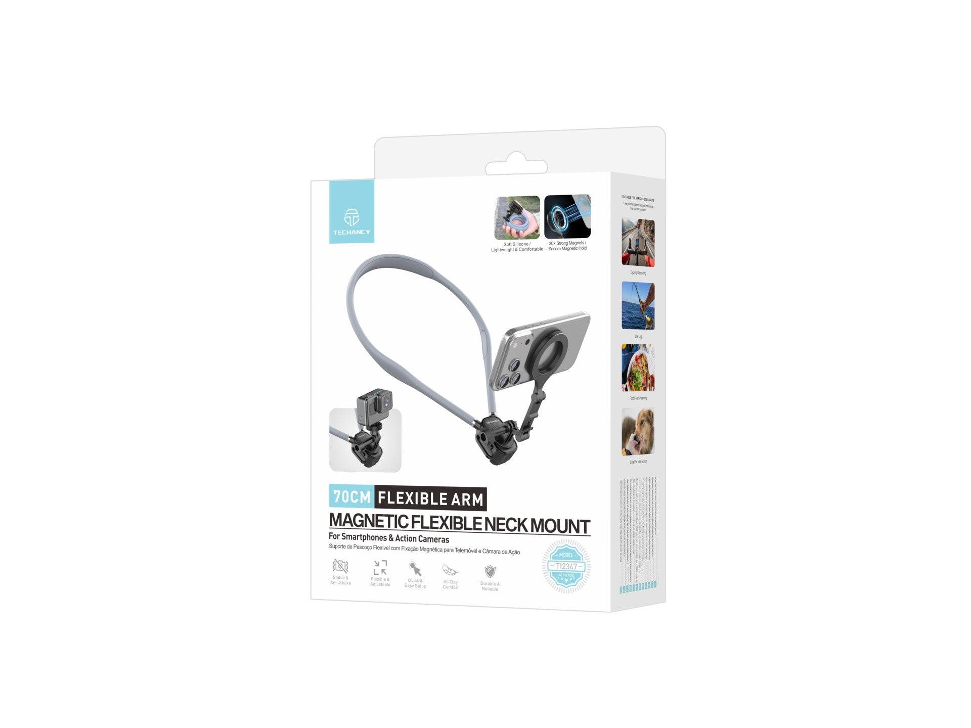 Techancy TI2347 Magnetic Neck Support for Mobile Phone and Camera, 70cm Flexible Arm, Hands-Free, Grey