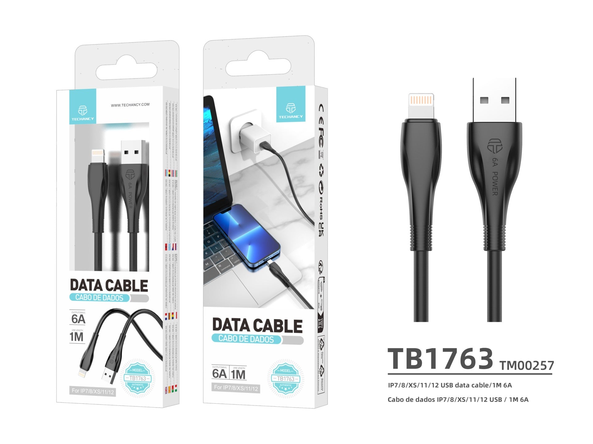 Cable de datos de carga superrápida Techancy 6A, negro TB1763, puerto USB-Tip8/X/11-14, 1 m de longitud, carga rápida