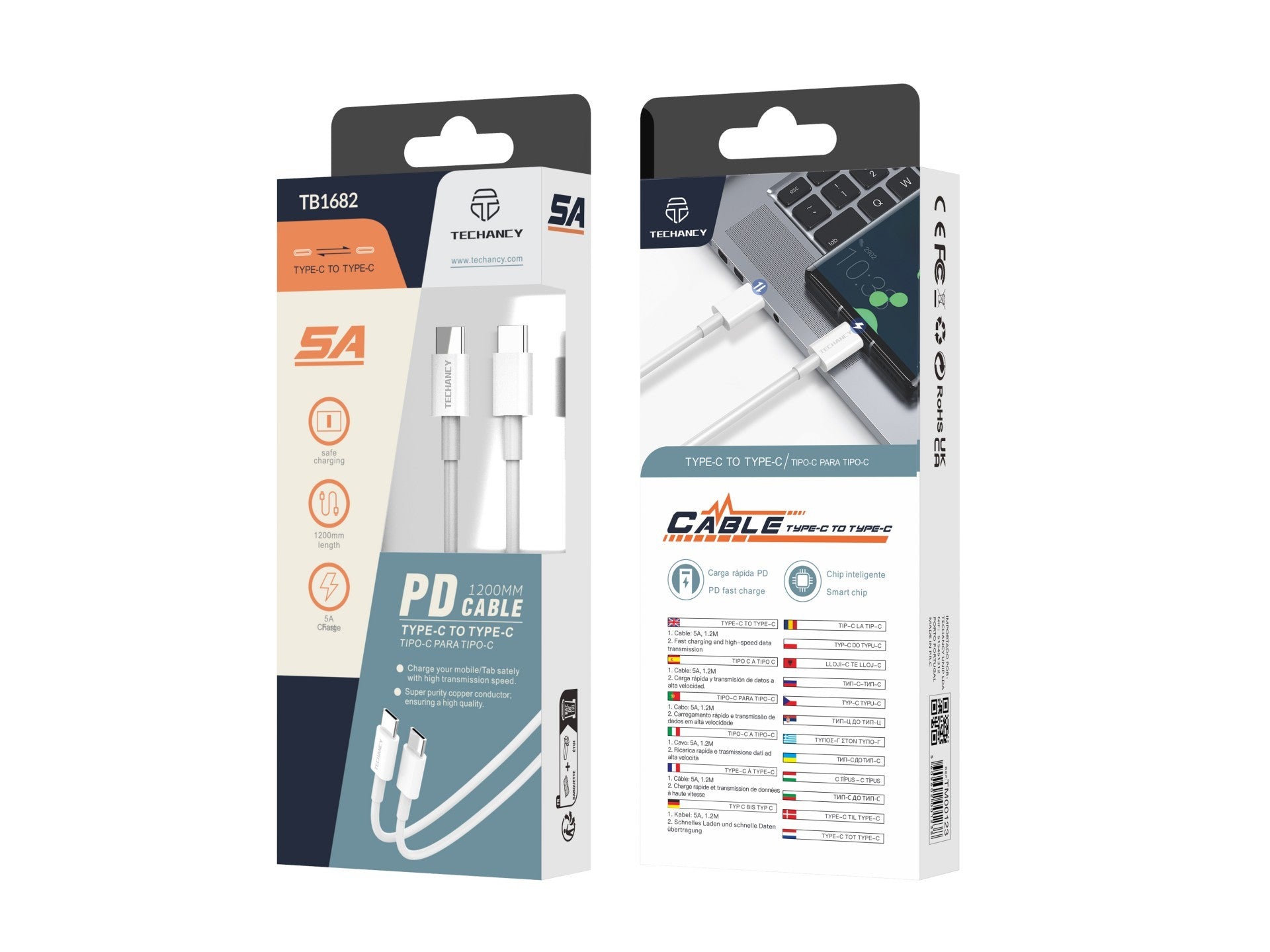 Techancy Cabo De Dados De Carregamento Rápido Pd De 18 W 1,2 M TB1682, Interface Usb C-Usb C, Suporta Transferência De Dados
