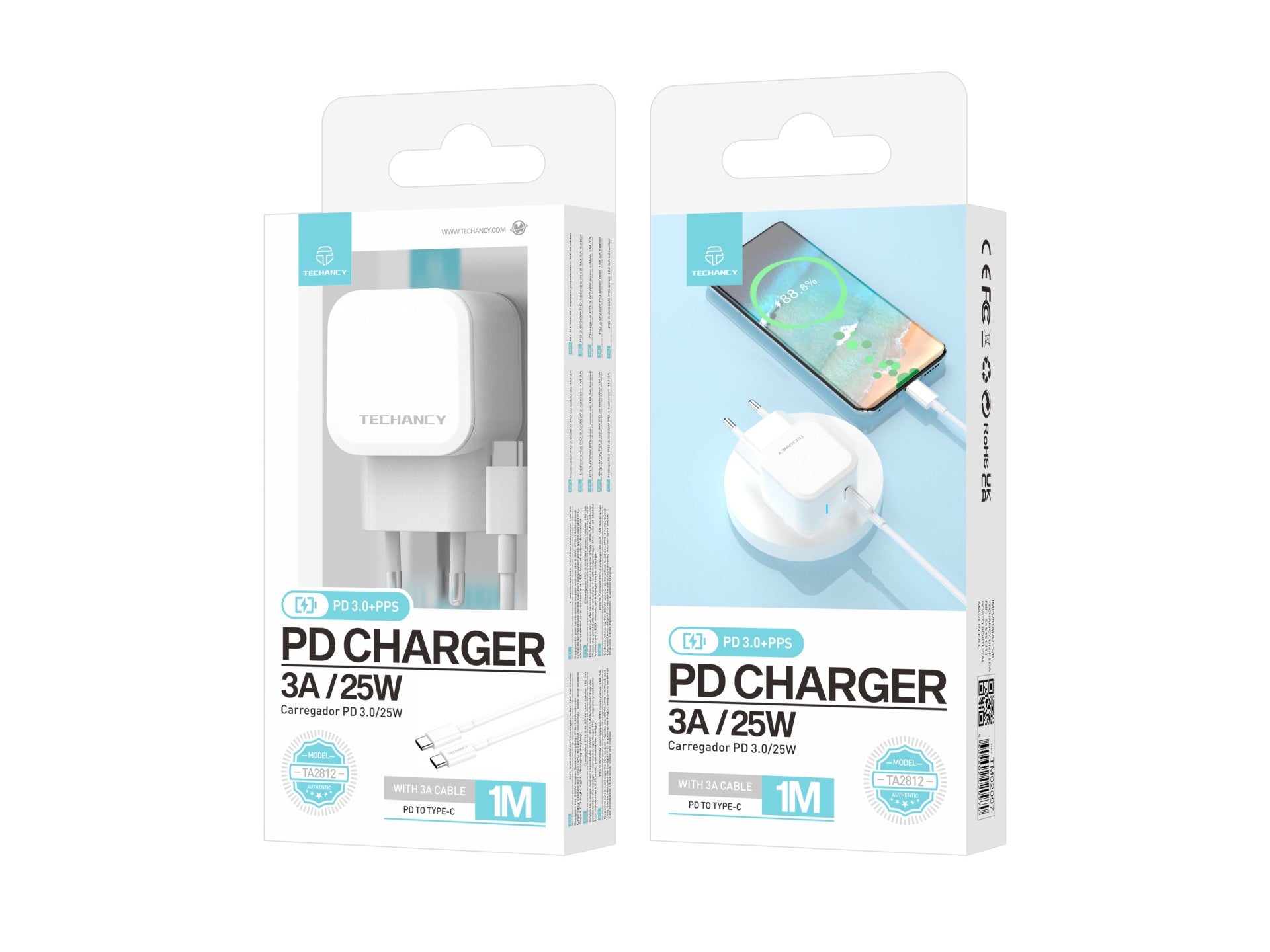 Techancy 25w Usb C Pd Charger White TA2812, Usb C To Usb C 3a Fast Charging Cable Kit.