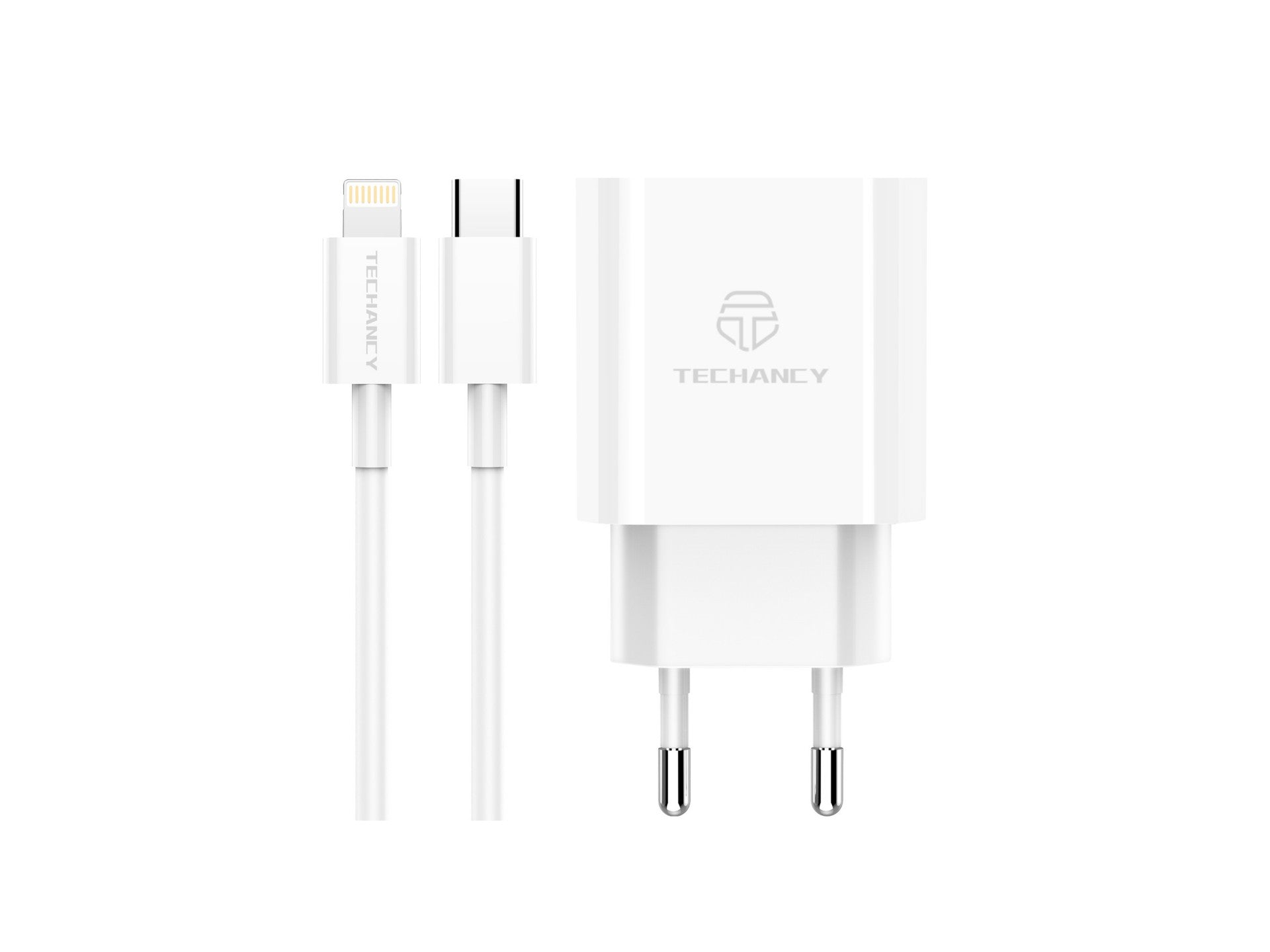 Cargador PD Techancy TA2785 de 18 W, cable USB-C a Lightning, carga rápida de 3 A, compacto y portátil.