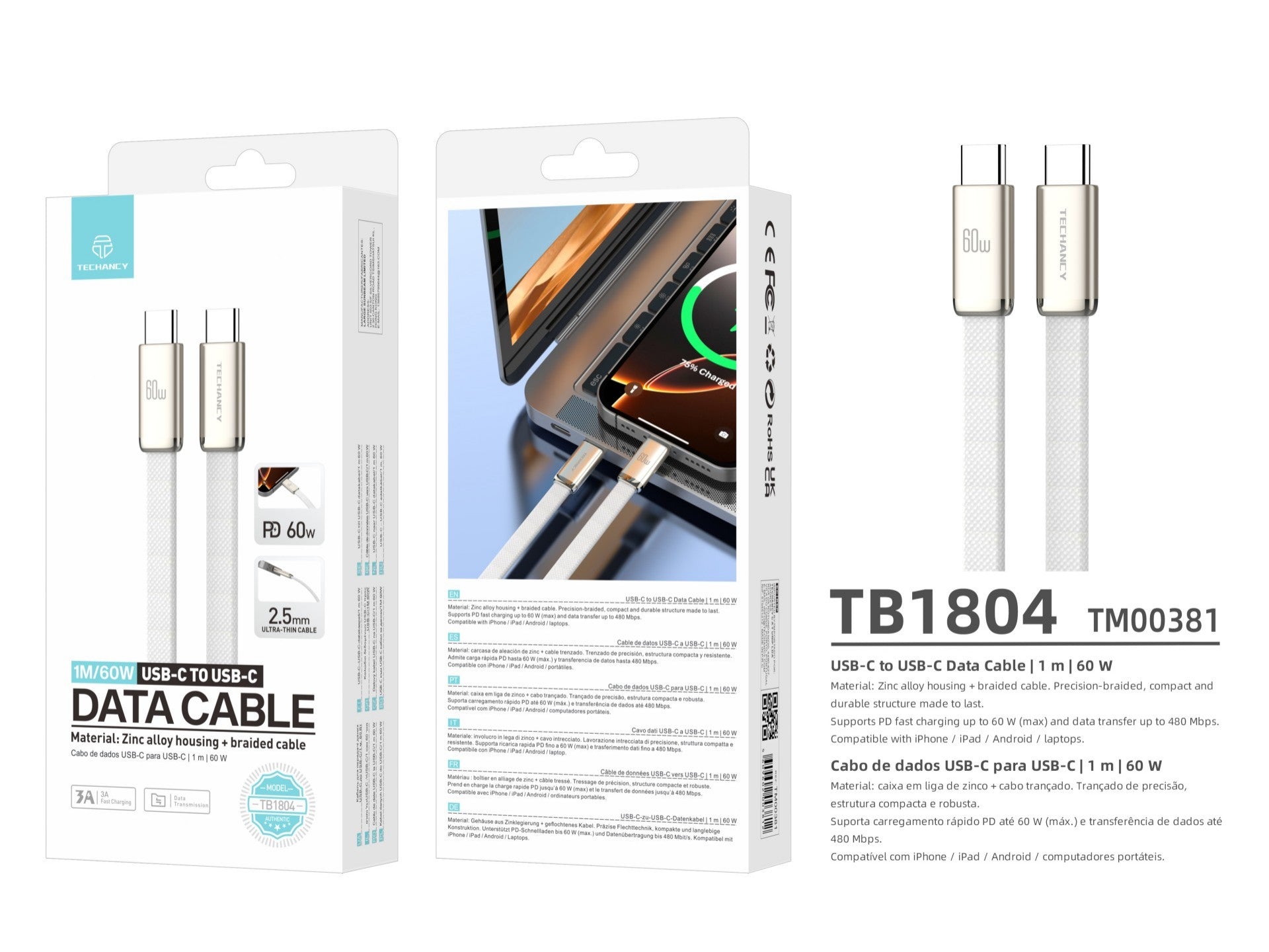 Techancy Cabo de Dados USB C para USB C 60W TB1804 Carregamento Rapido PD Trancado Resistente para Telemovel e Tablet