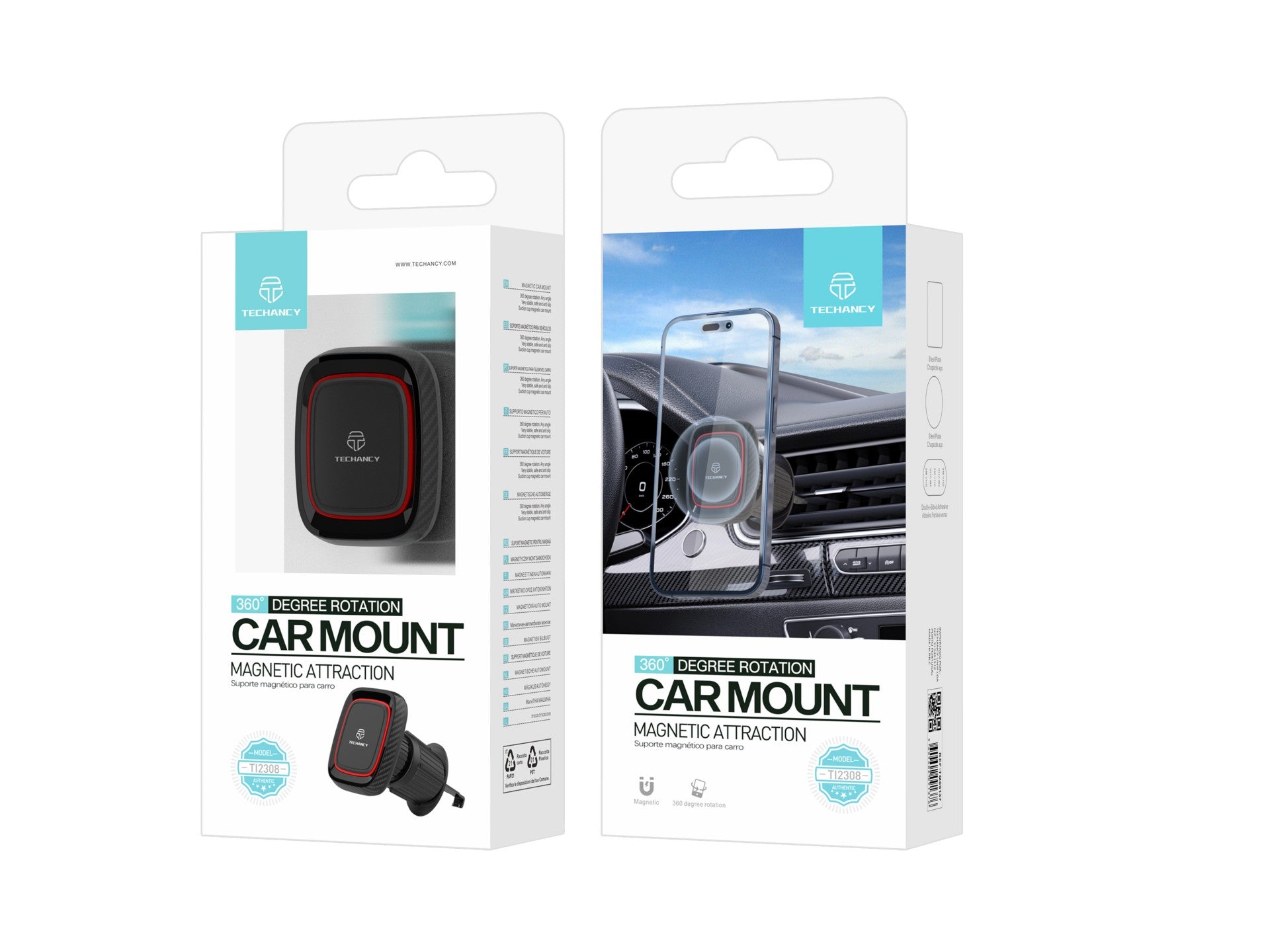Soporte magnético para teléfono de coche Techancy Ti2308, para una sola mano, rotación de 360 grados