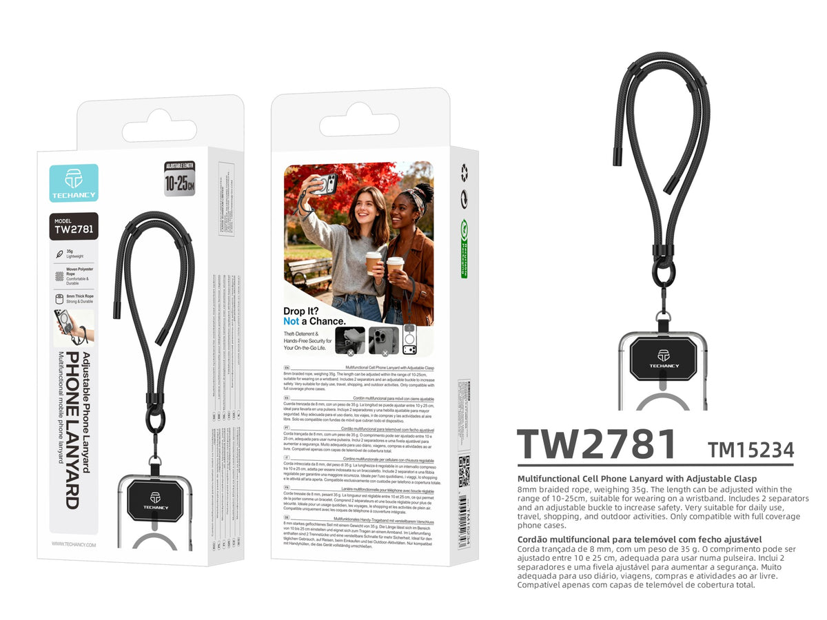 TECHANCY TW2781 Wrist Strap for Mobile Phone, Adjustable 10-25 cm, 8 mm Braided Cord, with 2 Snaps, Black