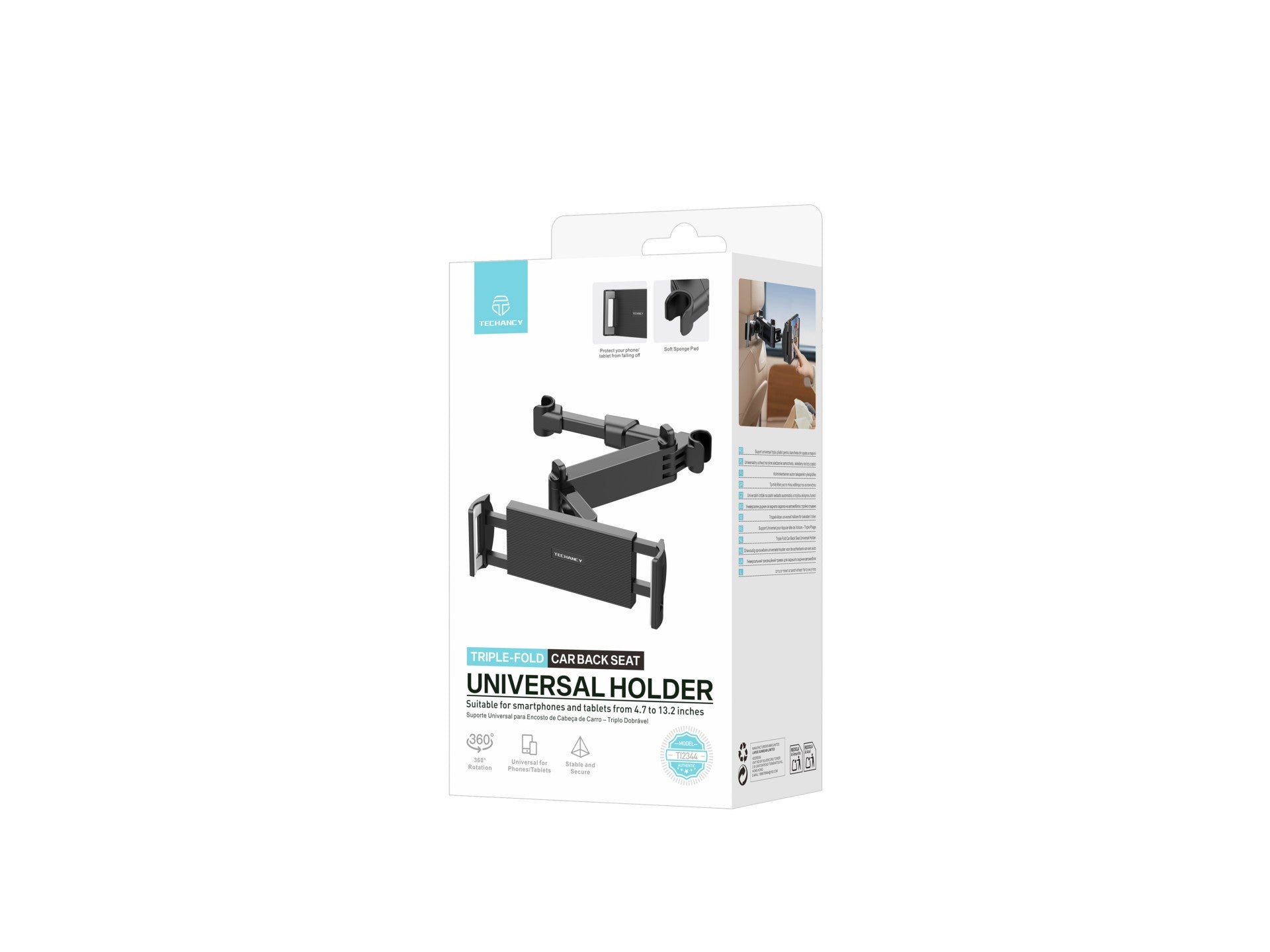 Techancy TI2344 - Soporte trasero plegable triple para coche con rotación de 360°, ajustable, estable, compatible con coches de 4,7 a 13,2 pulgadas, color negro