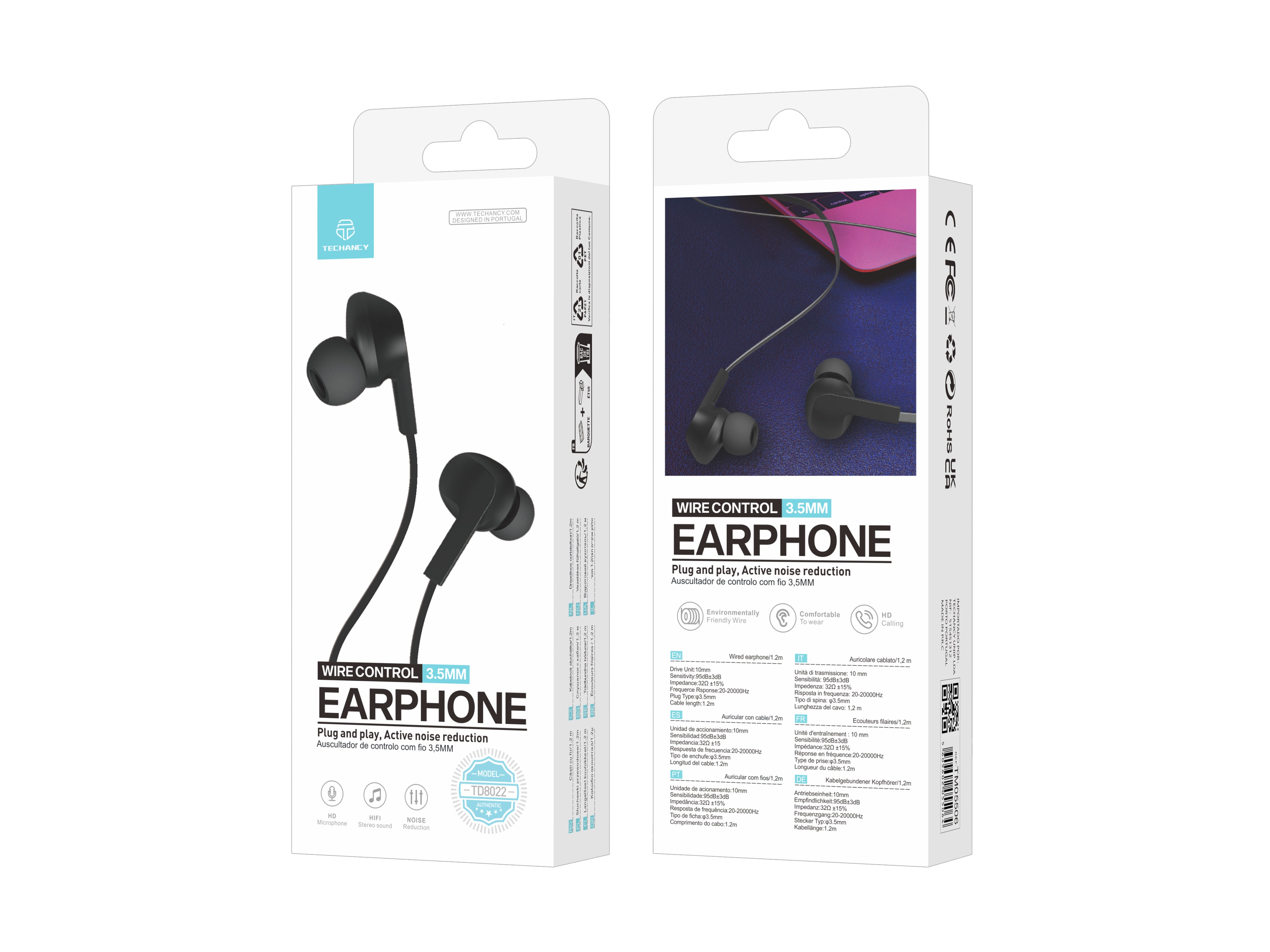 Techancy Wired Headset Black TD8022, Integrated Microphone, 3.5 mm, Compatible with Smartphones and Tablets