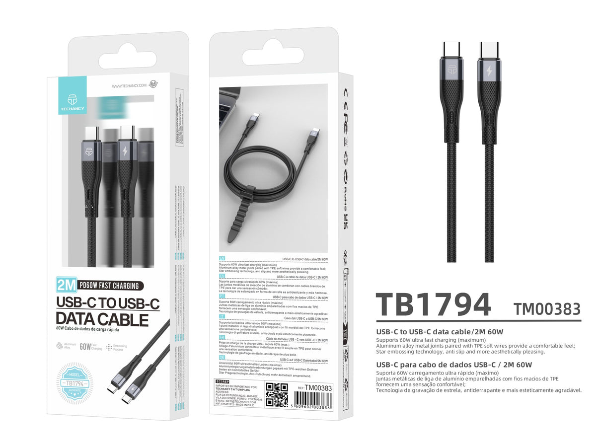 Cabo USB-C para USB-C Techancy TB1794, 60W PD, Carregamento Rapido, Transferencia de Dados, 2m, Aluminio, TPE, Preto