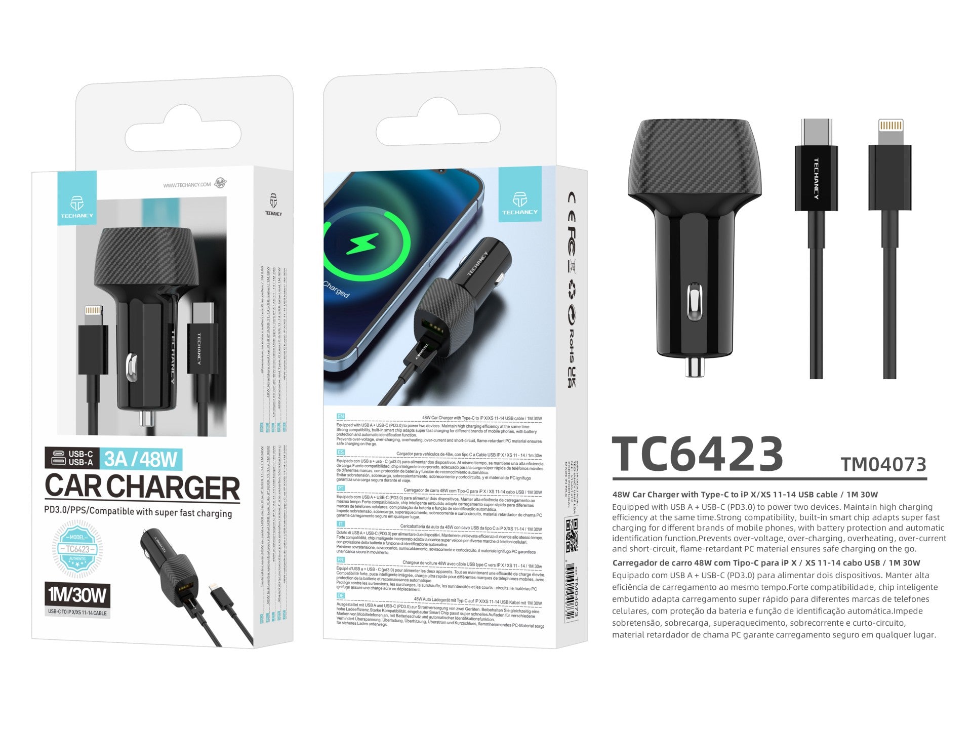 Techancy Carregador De Automóvel 48w Usb+Usb-C Pd3.0 De Porta Dupla TC6432 Com Cabo Type-C Para Lightning 1m/30w, Preto