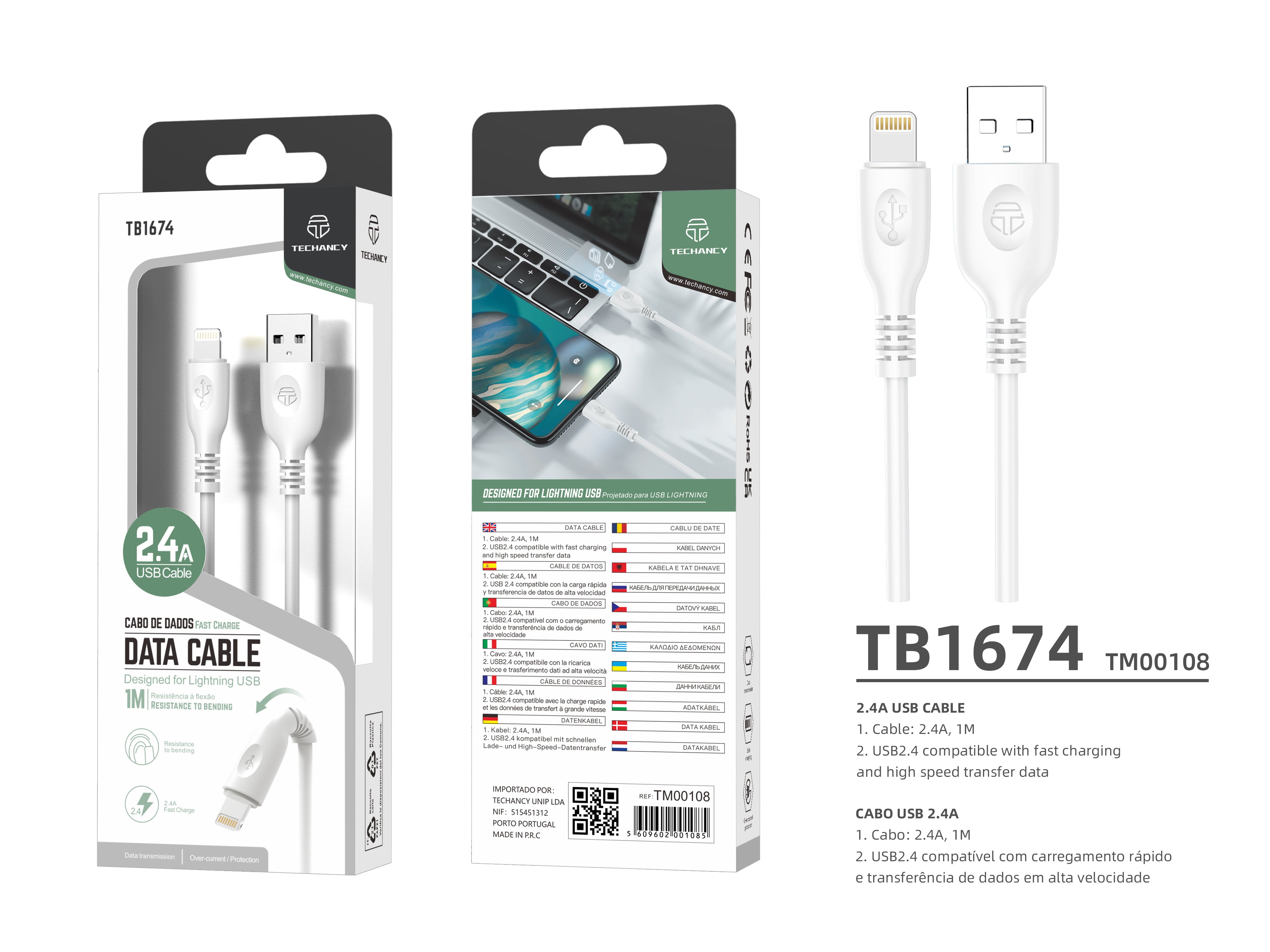 Cable de datos USB tipo C Techancy , TB1674, 1 m, carga rápida de 2,4 A, transferencia de datos, blanco