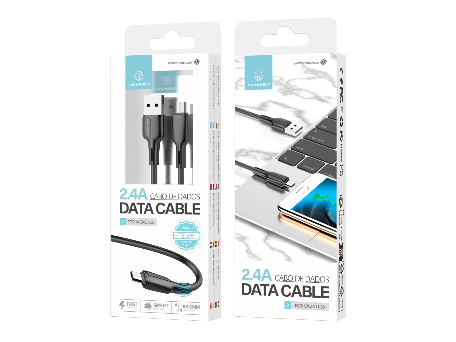 Techancy Cabo De Dados Usb-Micro Preto 1m TB1699, Carregamento Rápido 2.4a, Suporta Transferência De Dados, Material Pvc