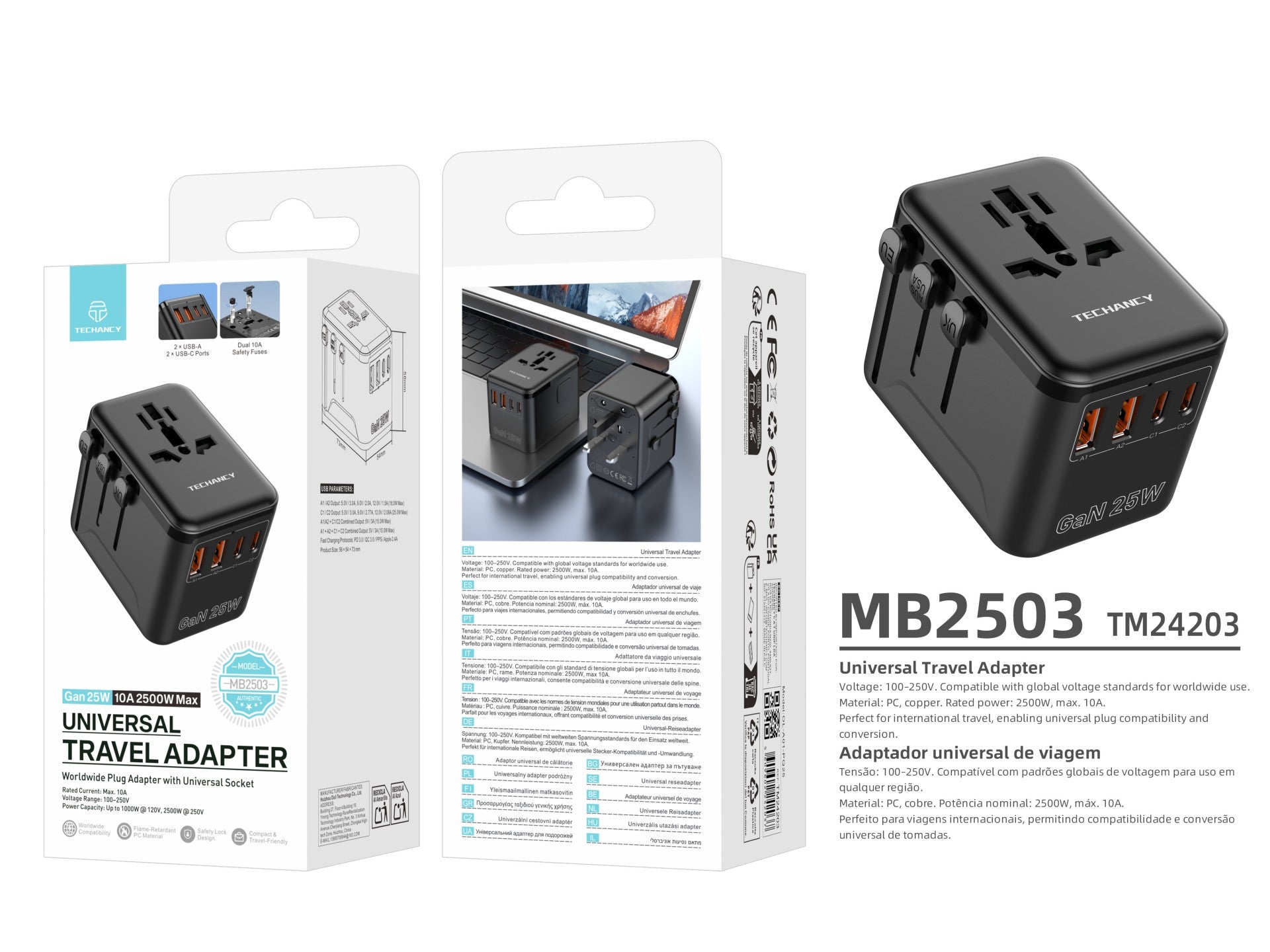 Techancy Universal Travel Adapter MB2503 Converter World Socket GaN 25W 2500W 10A Compatibility UK EU US AUS With USB Black