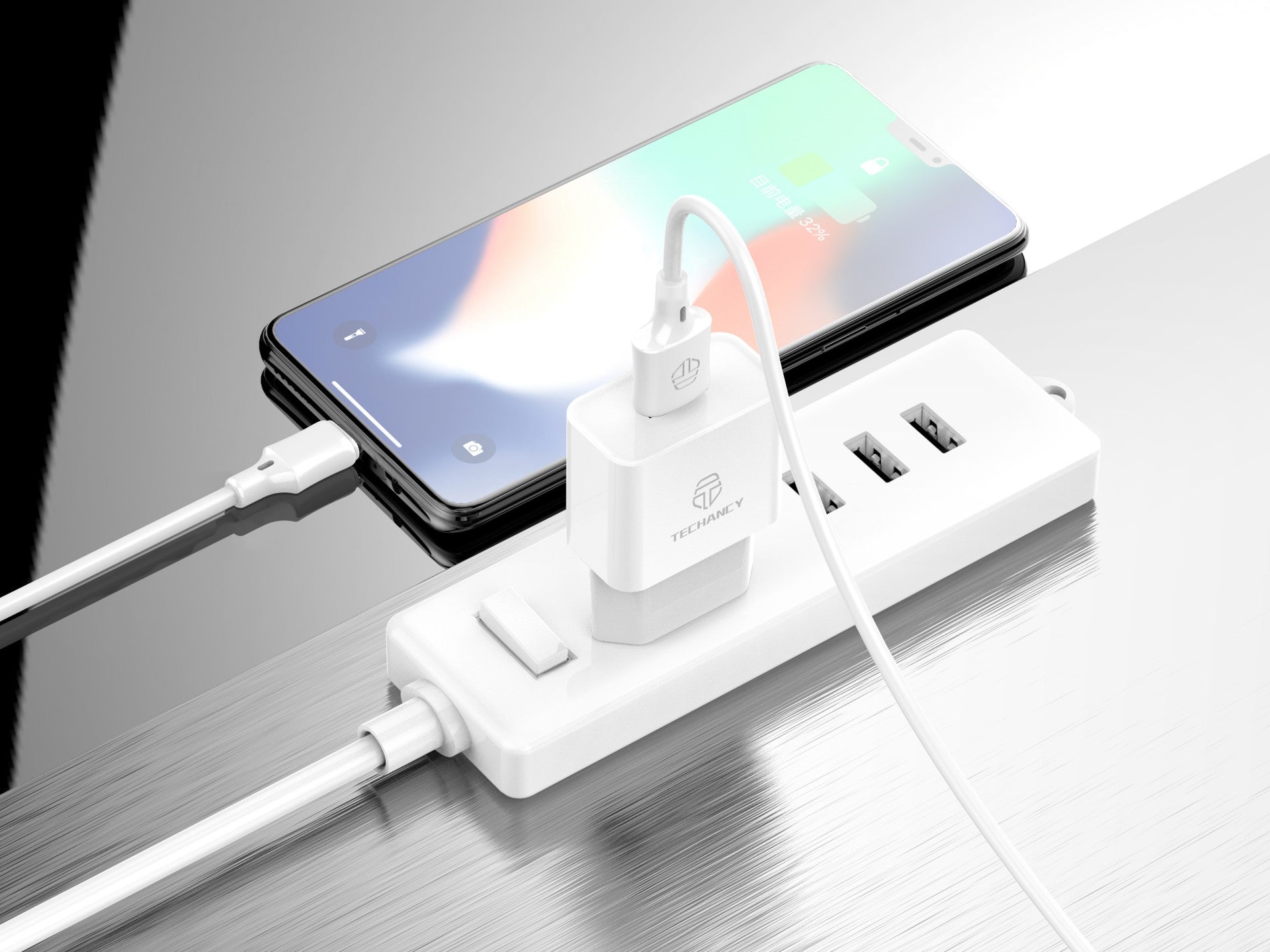 Cargador USB para teléfono móvil Techancy TA2776, color blanco, carga estable de 5 V a 1 A, con cable USB-Lightning de 1 m.