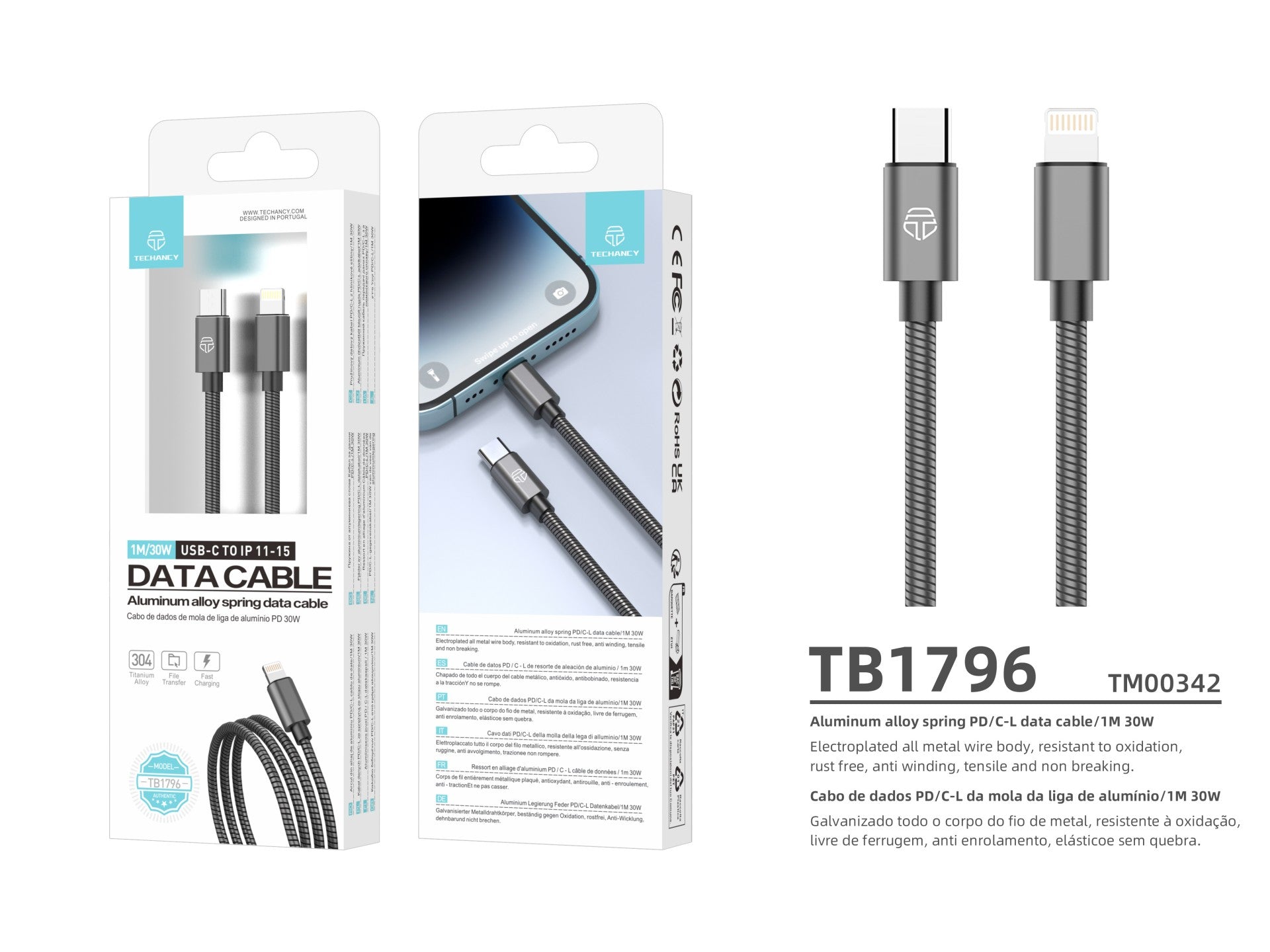 Techancy Cabo Usb C Para Lightning 1m TB1796, Design Totalmente Metálico, Resistente A Animais, Carregamento Rápido De 30 Watts