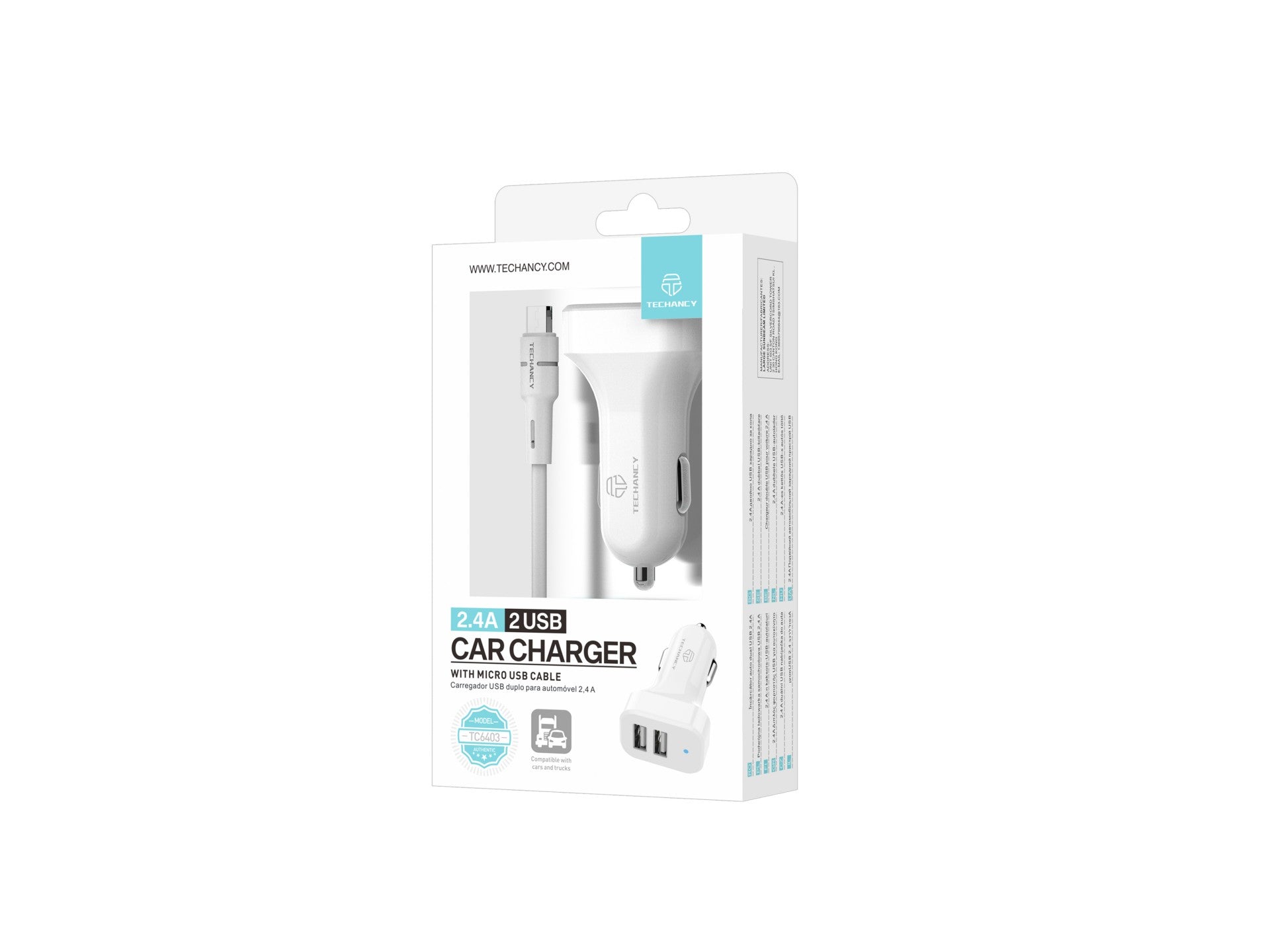 Cargador de coche Techancy TC6403 con doble puerto USB de 2,4 A y cable micro USB - Blanco