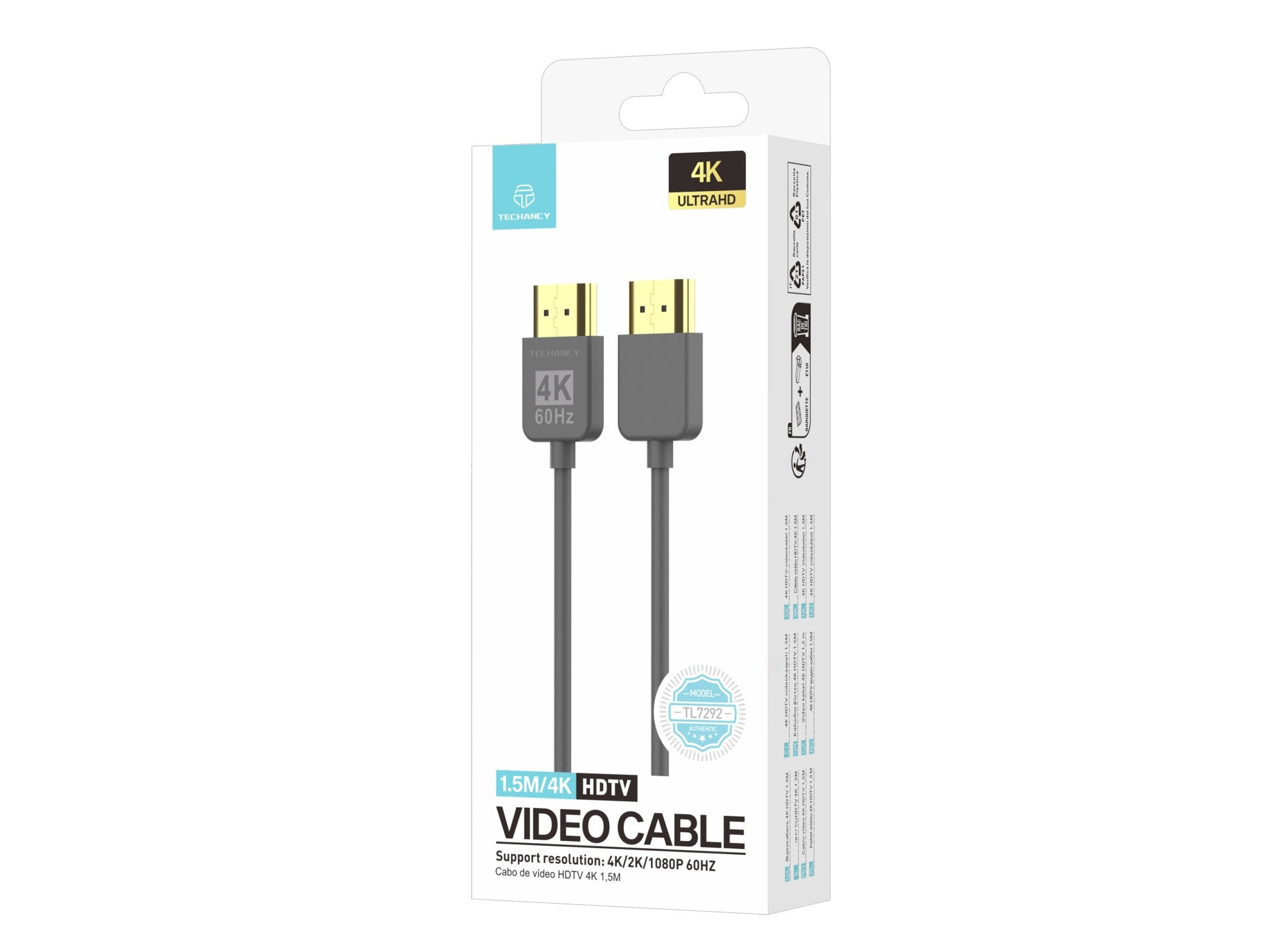 Cable de video HDMI 4K Techancy TL7292, 1,5 m, gris, compatible con 4K a 60 Hz, ideal para computadoras, televisores y proyectores