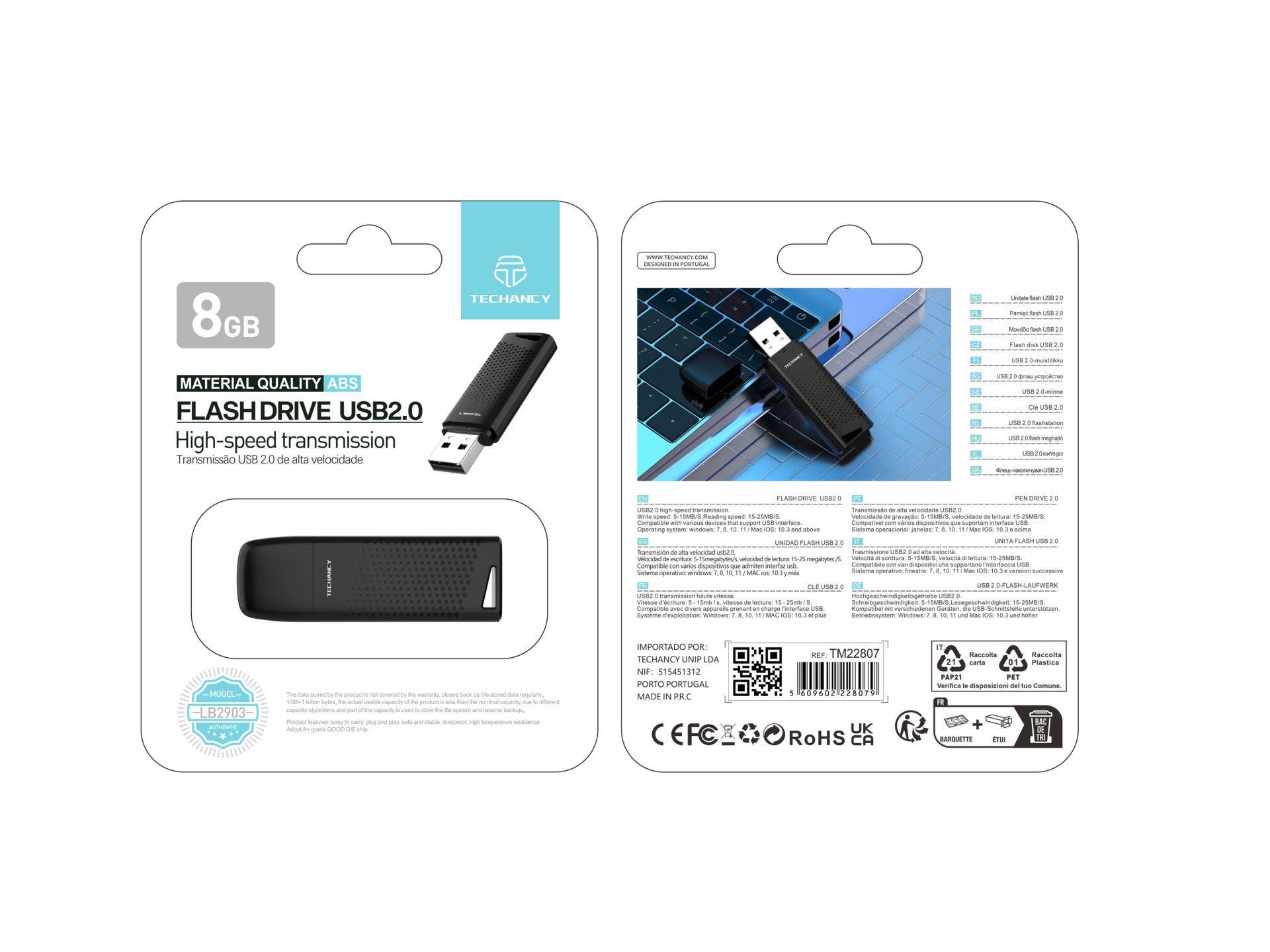 Techancy USB Flash Drive 8GB Preto LB2903, Usb 2.0, Compatível com PC/Mobile/Mac, Armazenamento seguro de ficheiros