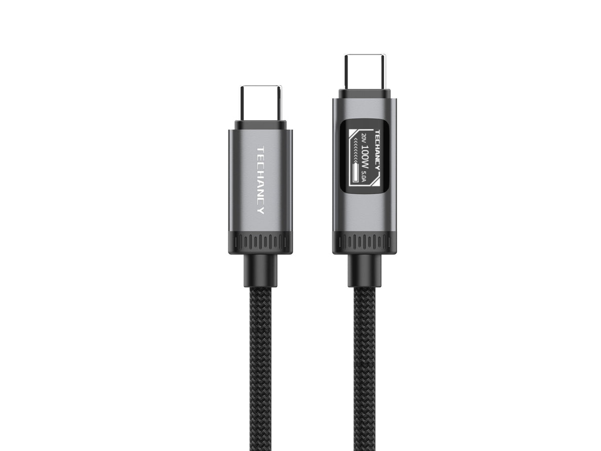 Cabo USB-C para USB-C 100W TECHANCY TB1807, 1 m, Ecra Digital OLED, Nylon Entrancado, Dados 480 Mbps, Preto