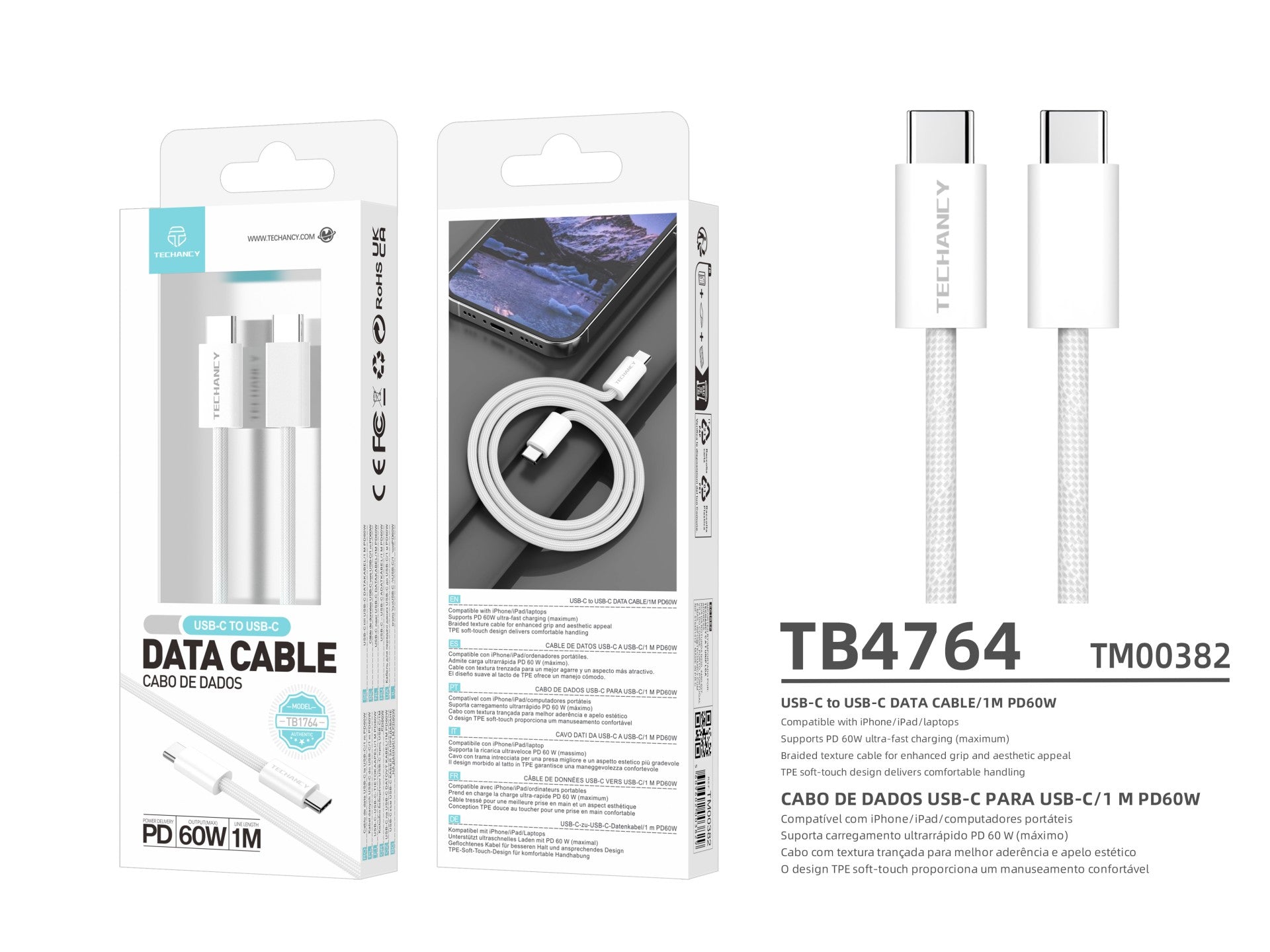 Techancy Cabo USB-C para USB-C TB4764 1M PD 60W, Trancado, Carga Rapida, Compativel com Telemoveis e Portateis, Branco