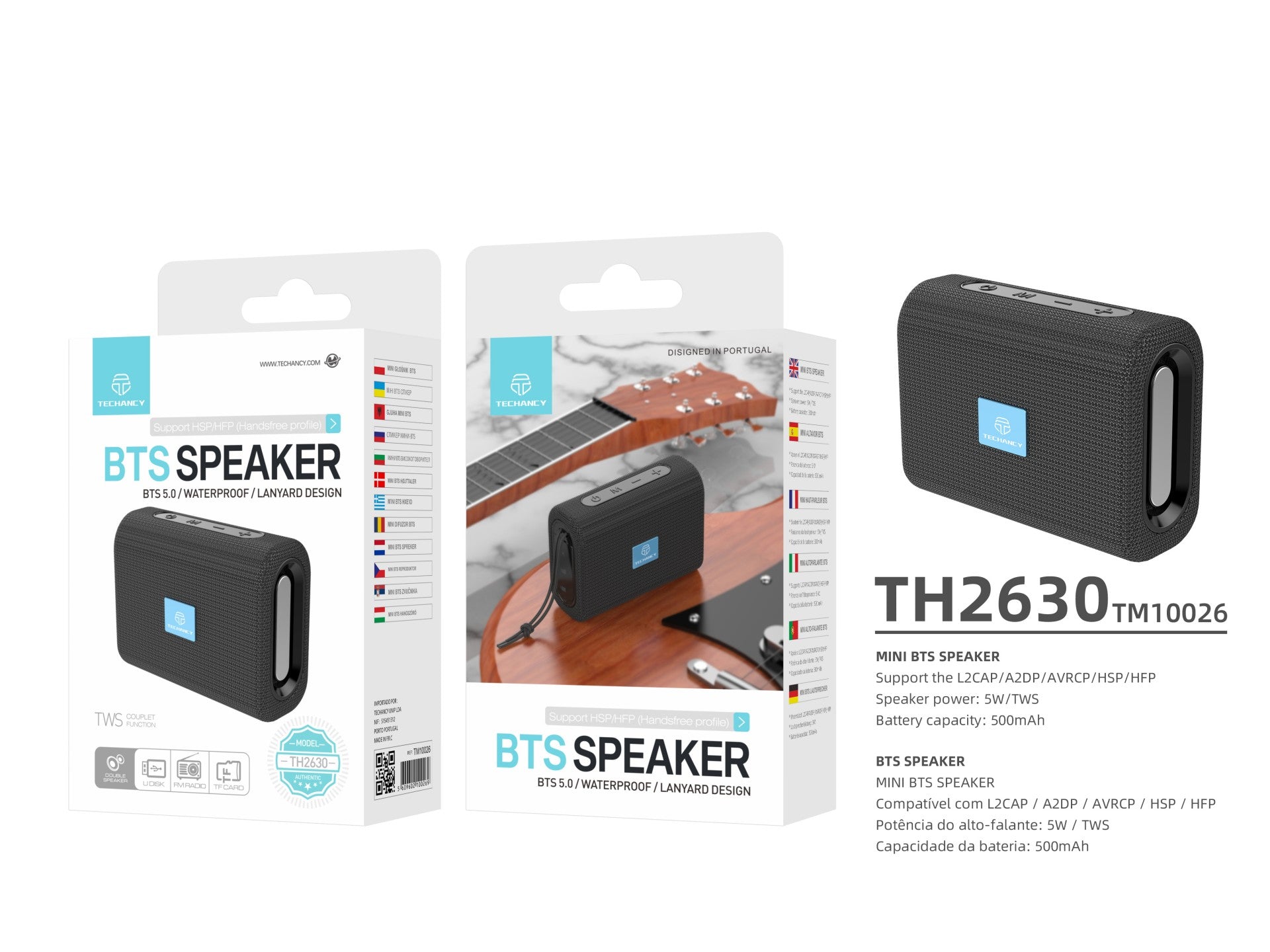 Techancy Mini Wireless Speaker Black TH2630, Built-in Battery Playback, Bluetooth 5.0 Connectivity, TWS Support