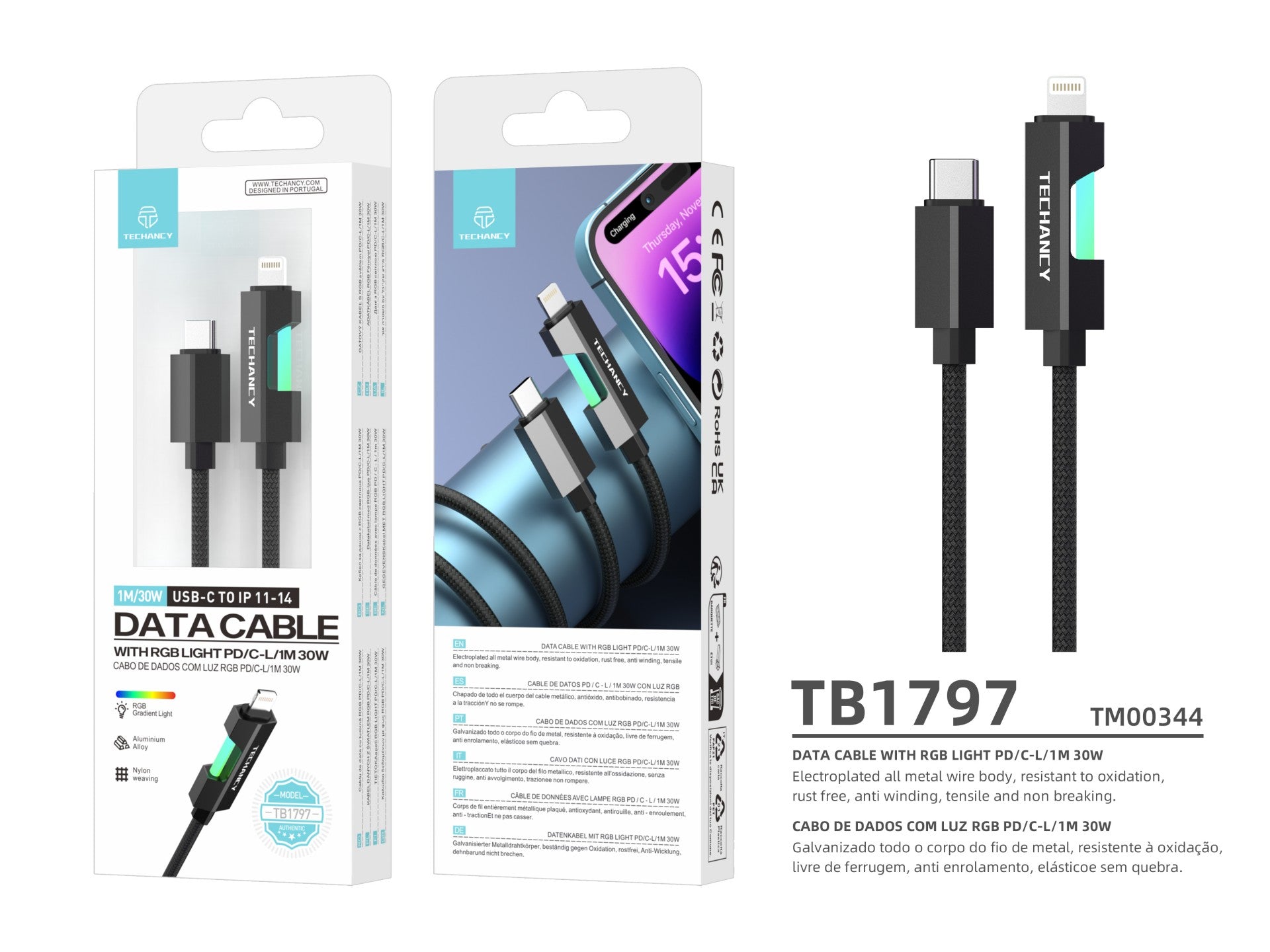 Techancy USB-C to Lightning Cable TB1797, 1 Meter/30 Watts, RGB Lights, Aluminum Braided, Compatible with iPhone 11-14 Black