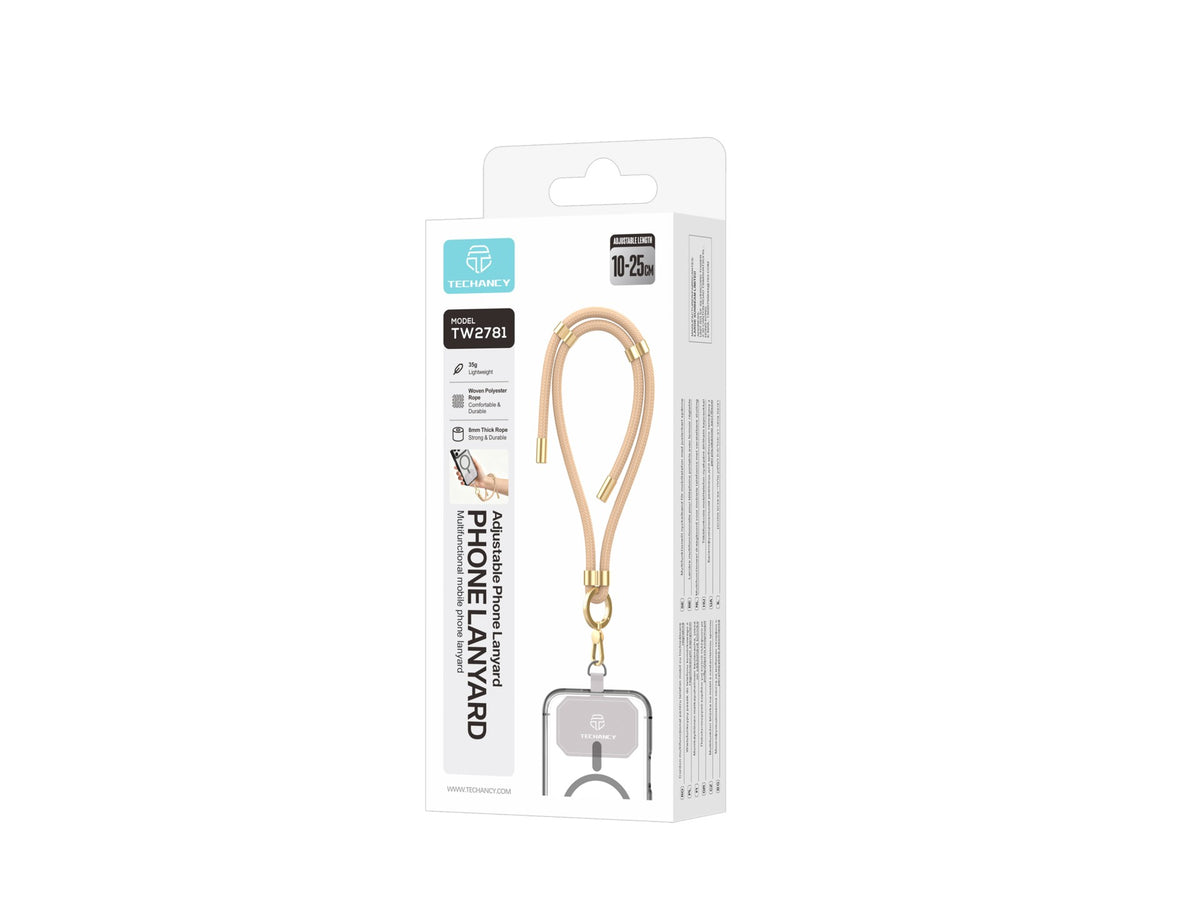 Fita de Pulso para Telemovel TECHANCY TW2781, Ajustavel 10-25 cm, Corda Entrancada 8 mm, com 2 Patilhas, Dourado