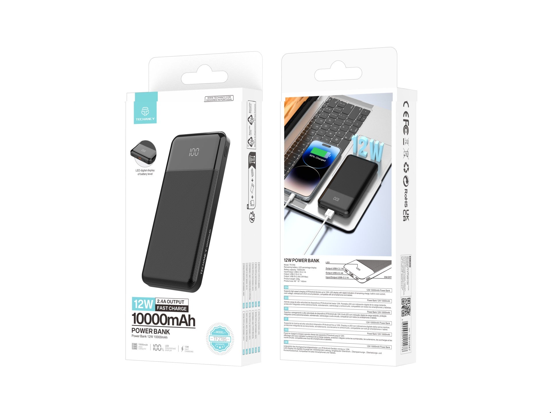 Techancy Power Bank TF2785 10000mAh Carregamento Rápido 12W Saída 2.4A Ecrã LED Compatível com iPhone/Android Proteção Inteligente Preto
